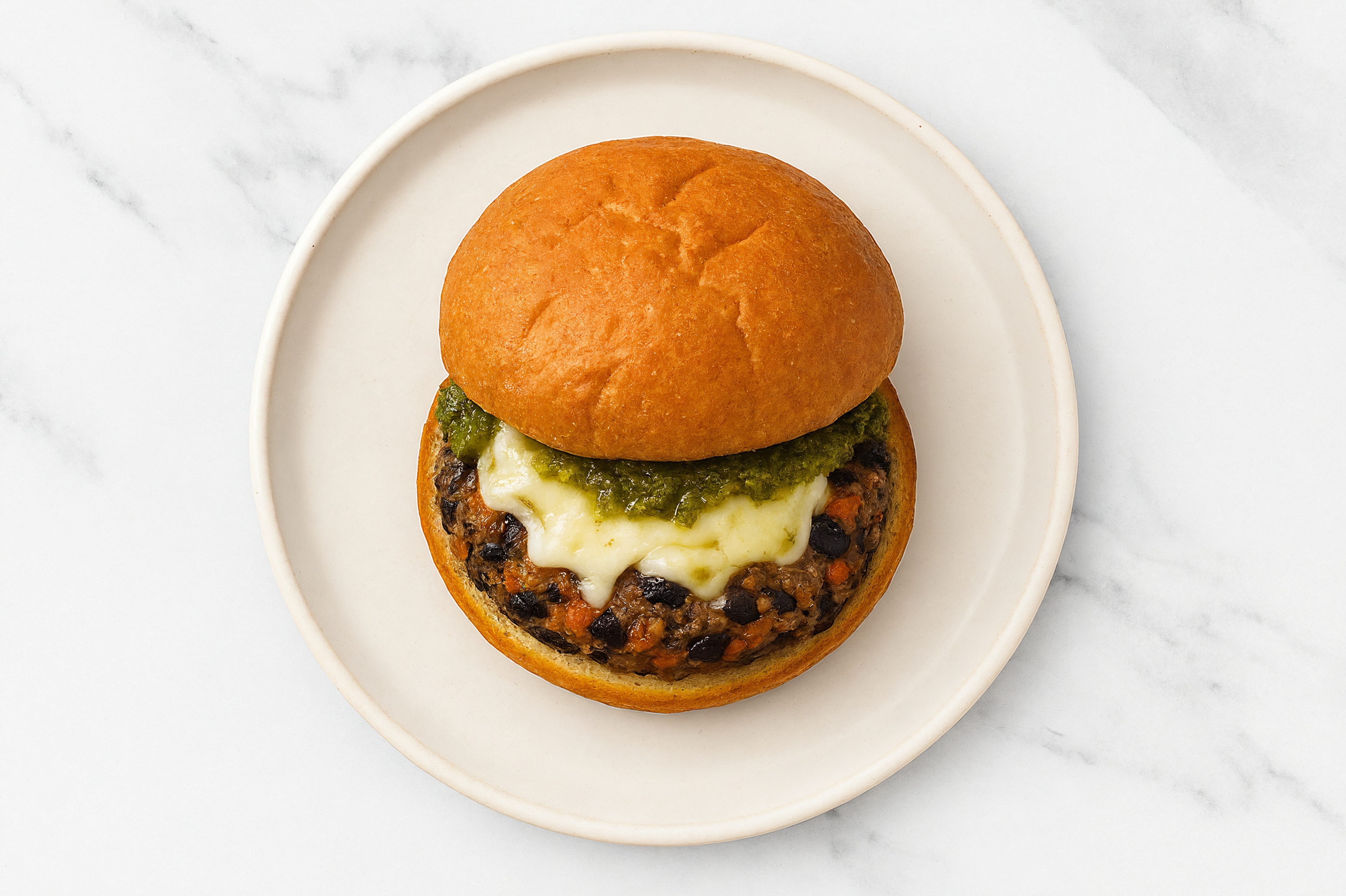 Mozzarella Black Bean Burger on GF Bun with Basil Pesto