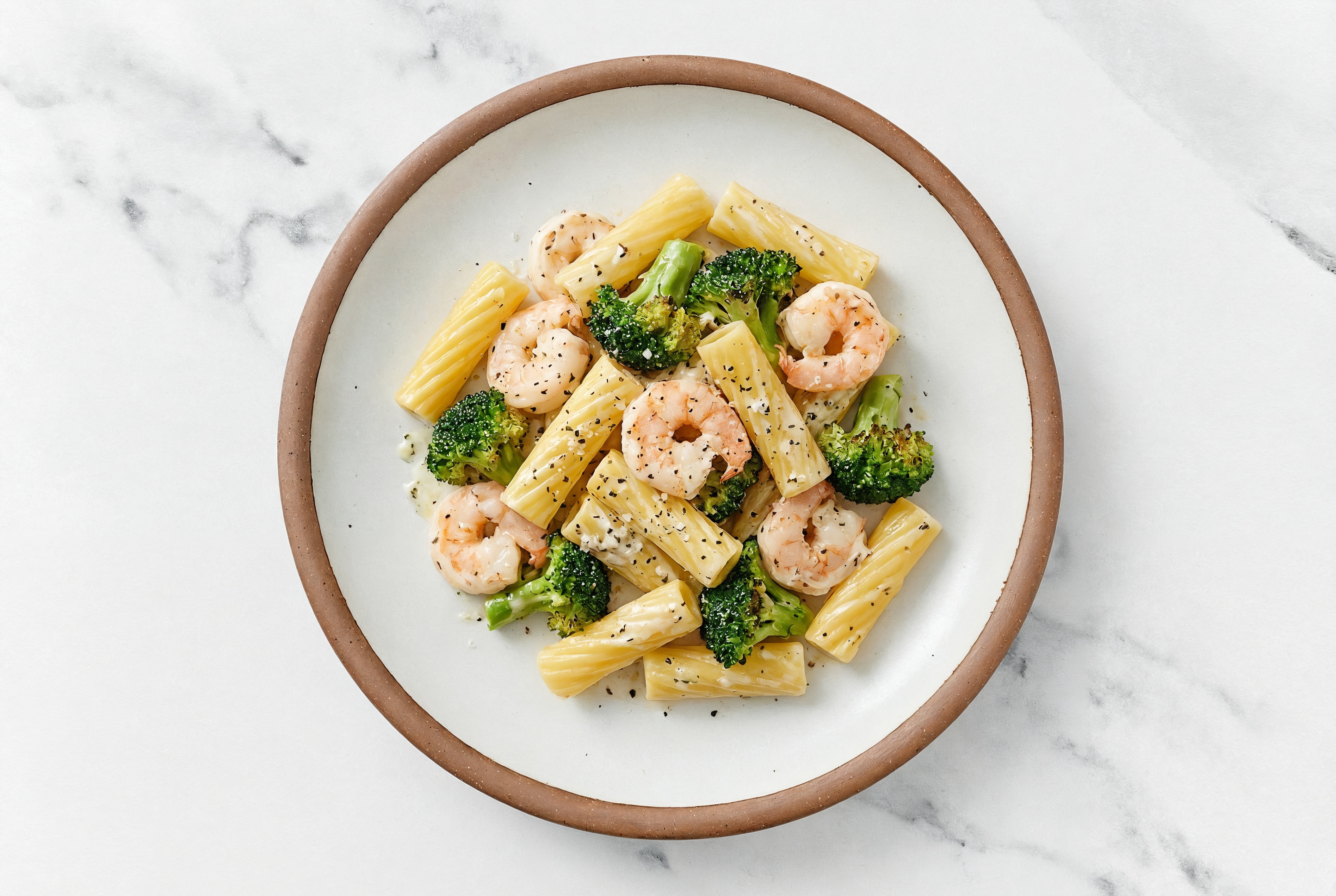Creamy Garlic Shrimp + Broccoli Bunches Rigatoni Pasta