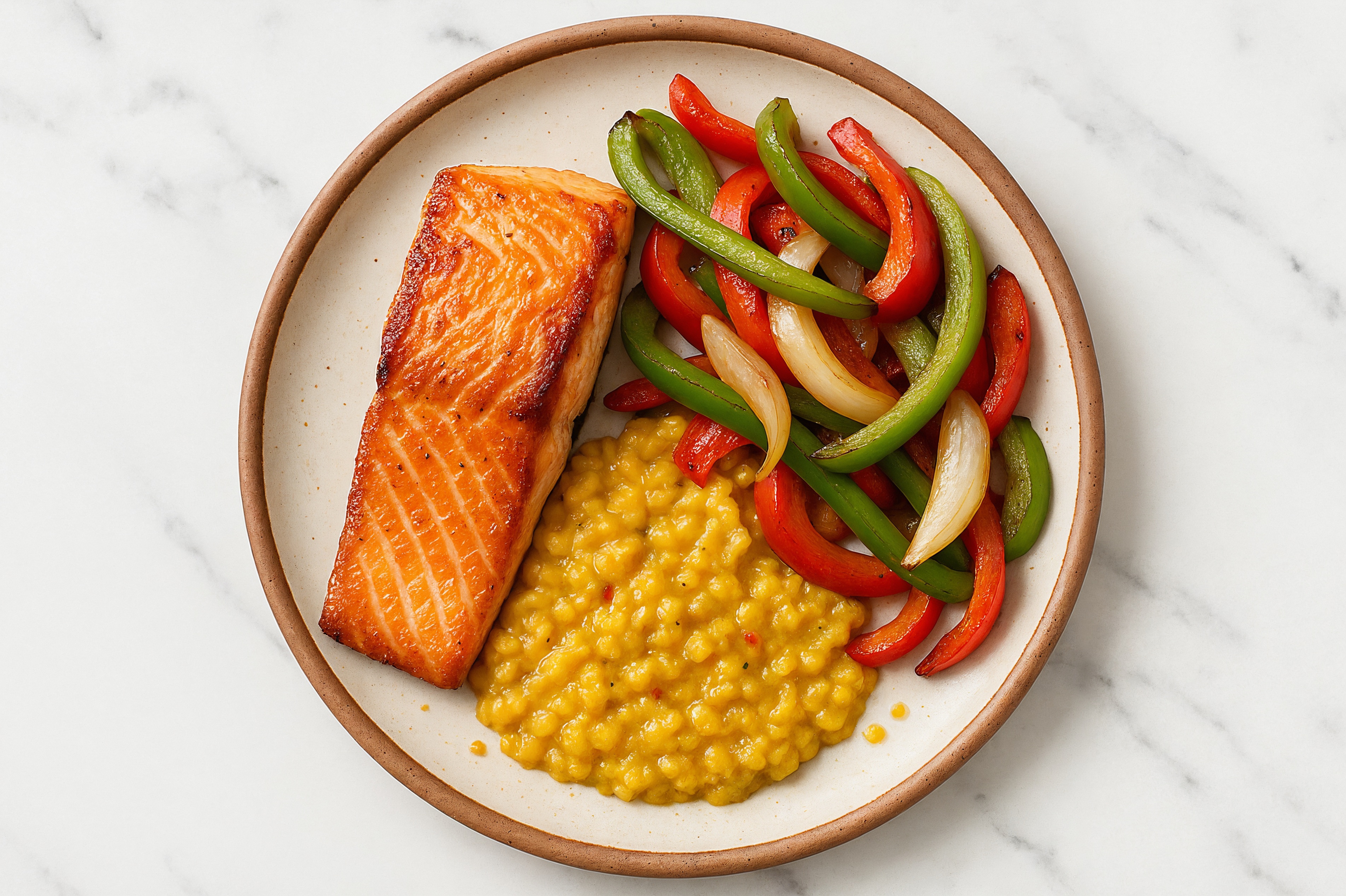Salmon + Bell Pepper over Red Lentil Dal