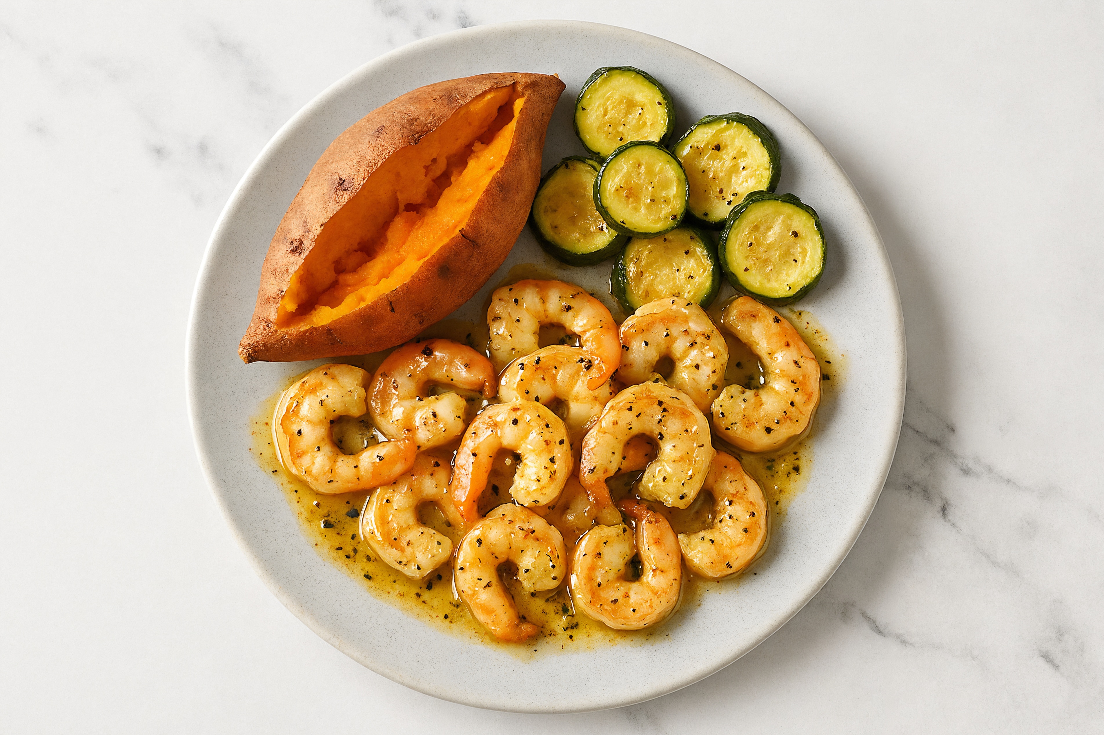 Lemon-Slow Churned & Peppercorn Pasture Butter Shrimp with Sweet Potato & Zucchini