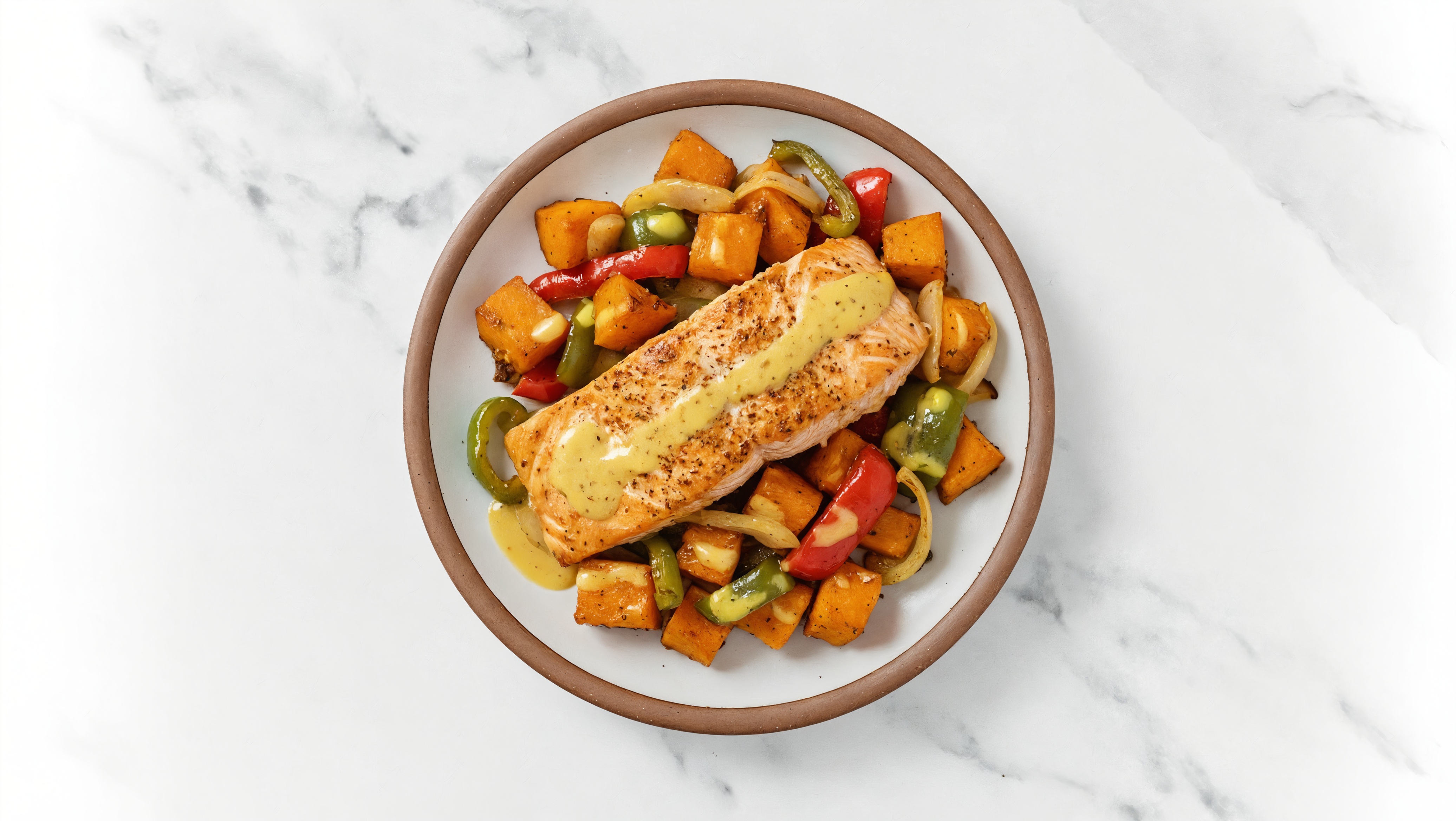 Sheet Pan Honey Mustard-Salmon with Sweet Potatoes & Peppers
