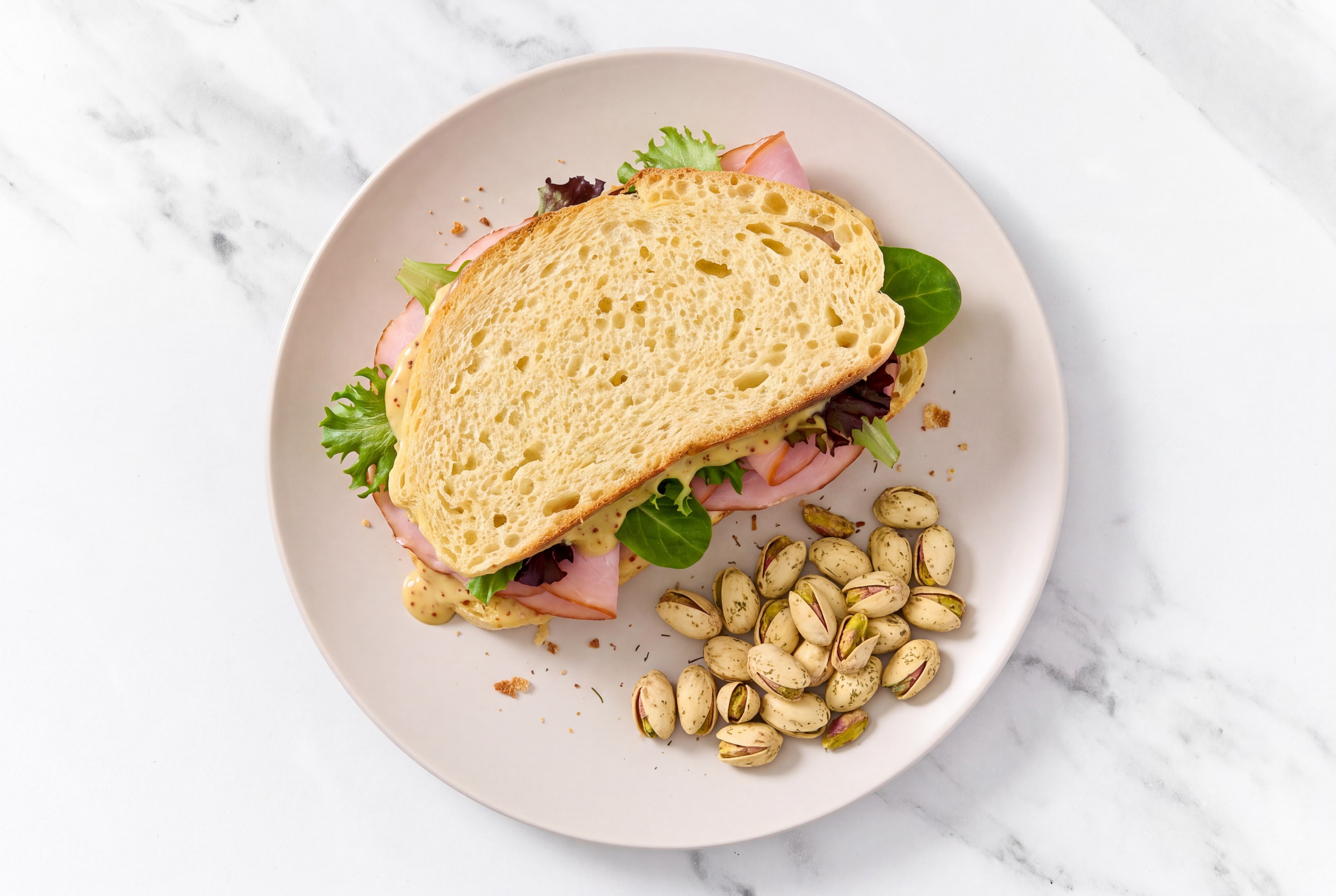 Honey Ham Sourdough Sandwich with Honey Mustard + Dill Pickle Pistachios