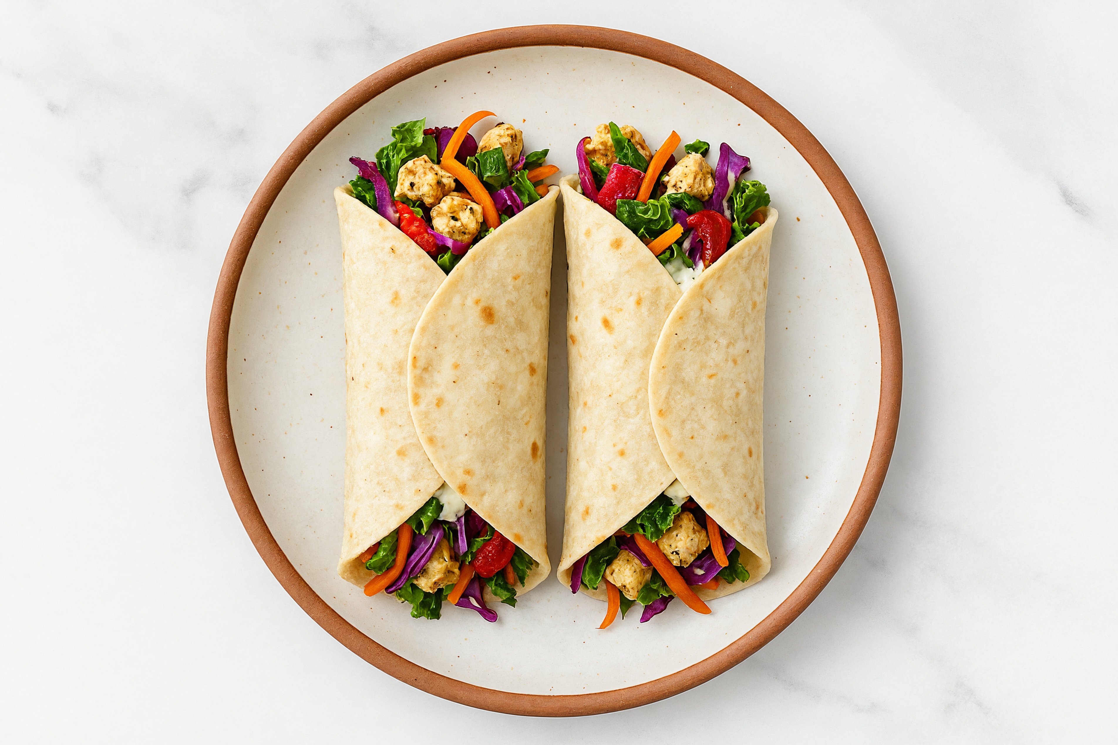 Tzatziki Spiced Tofu + Roasted Pepper Tortilla Wraps with Rainbow Veggies