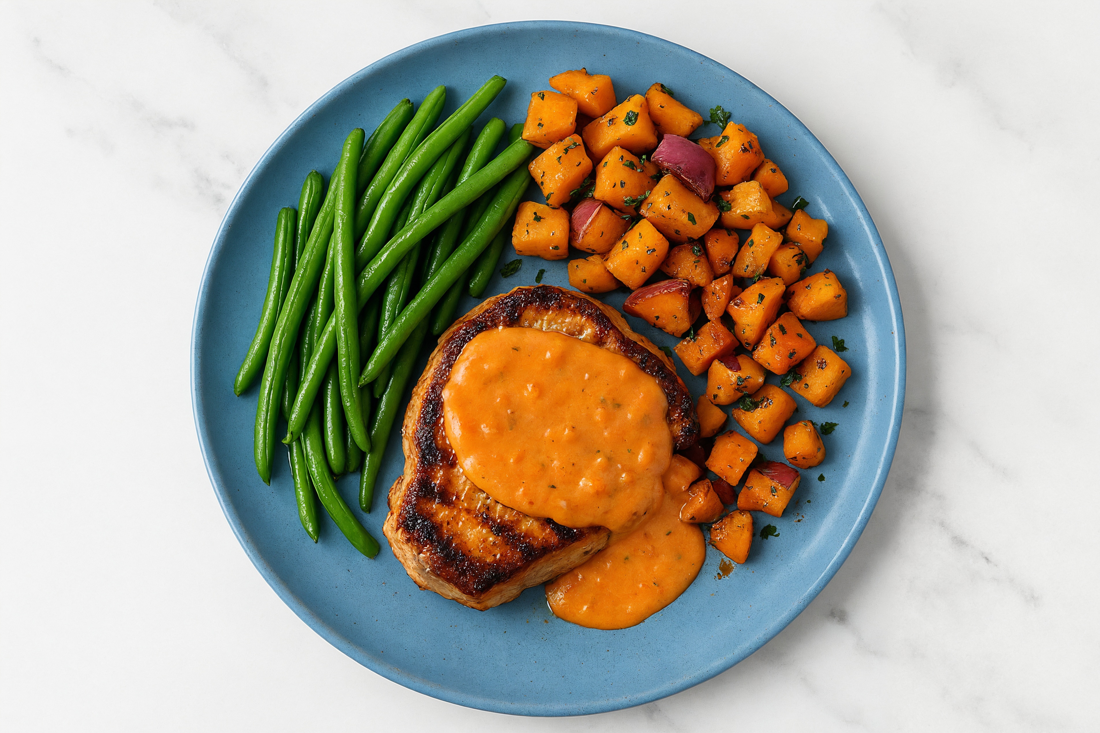 Creamy Vodka Smothered Pork Chops with Green Beans & Roasted Vegetables