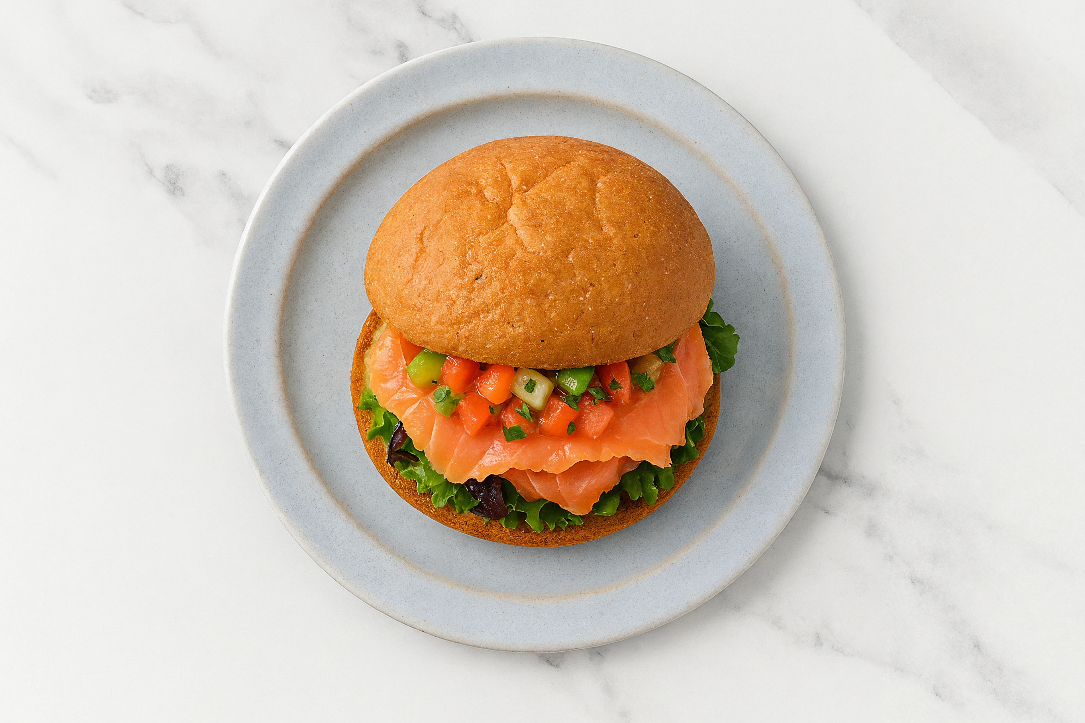 Mexican Smoked Salmon Sandwich with Spring Mix on Gluten-Free Buns