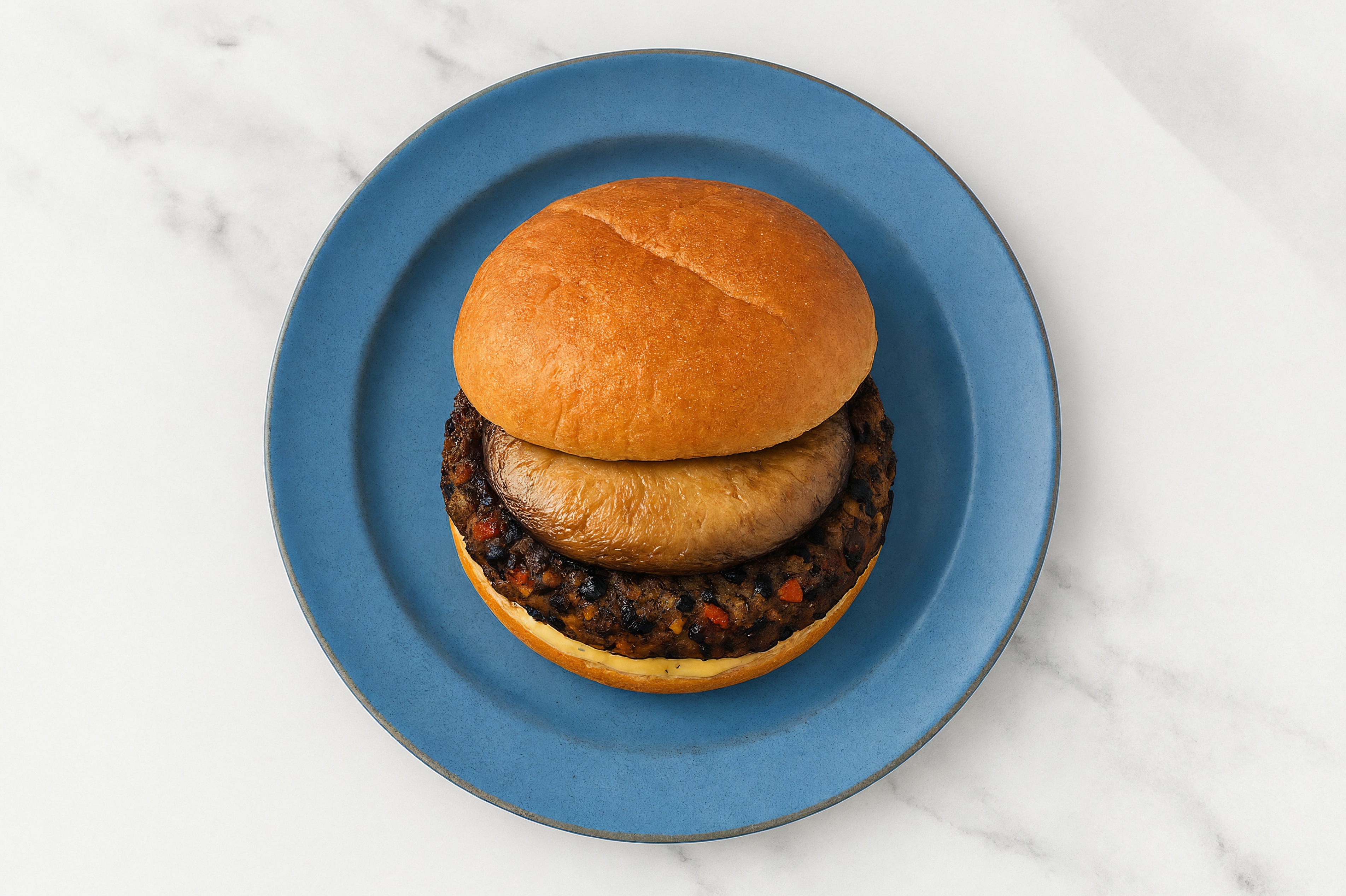 Portabella Black Bean Burger on GF Bun with Honey Mustard