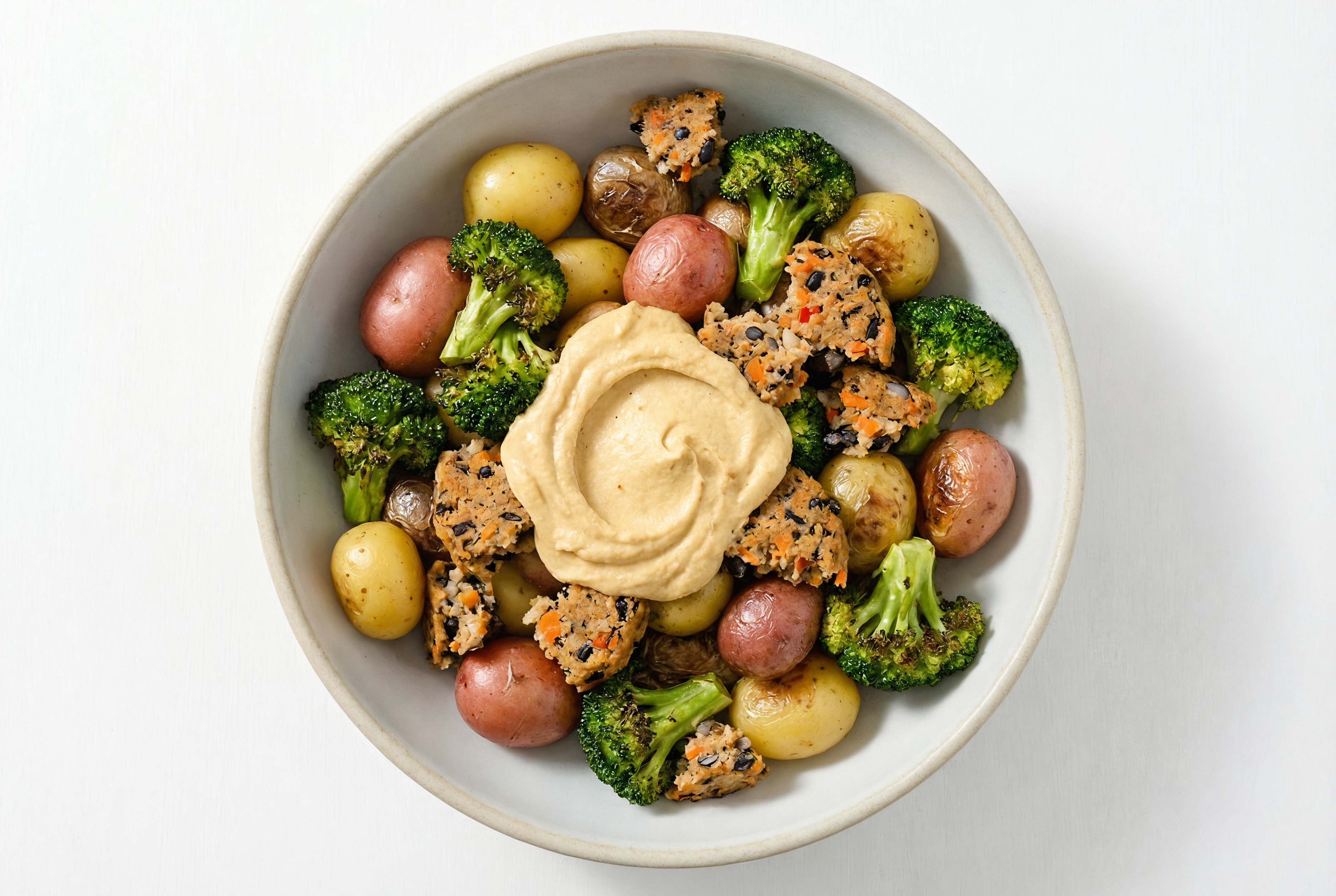 Herby Garlicky French Onion Hummus Black Bean Burger Bowl