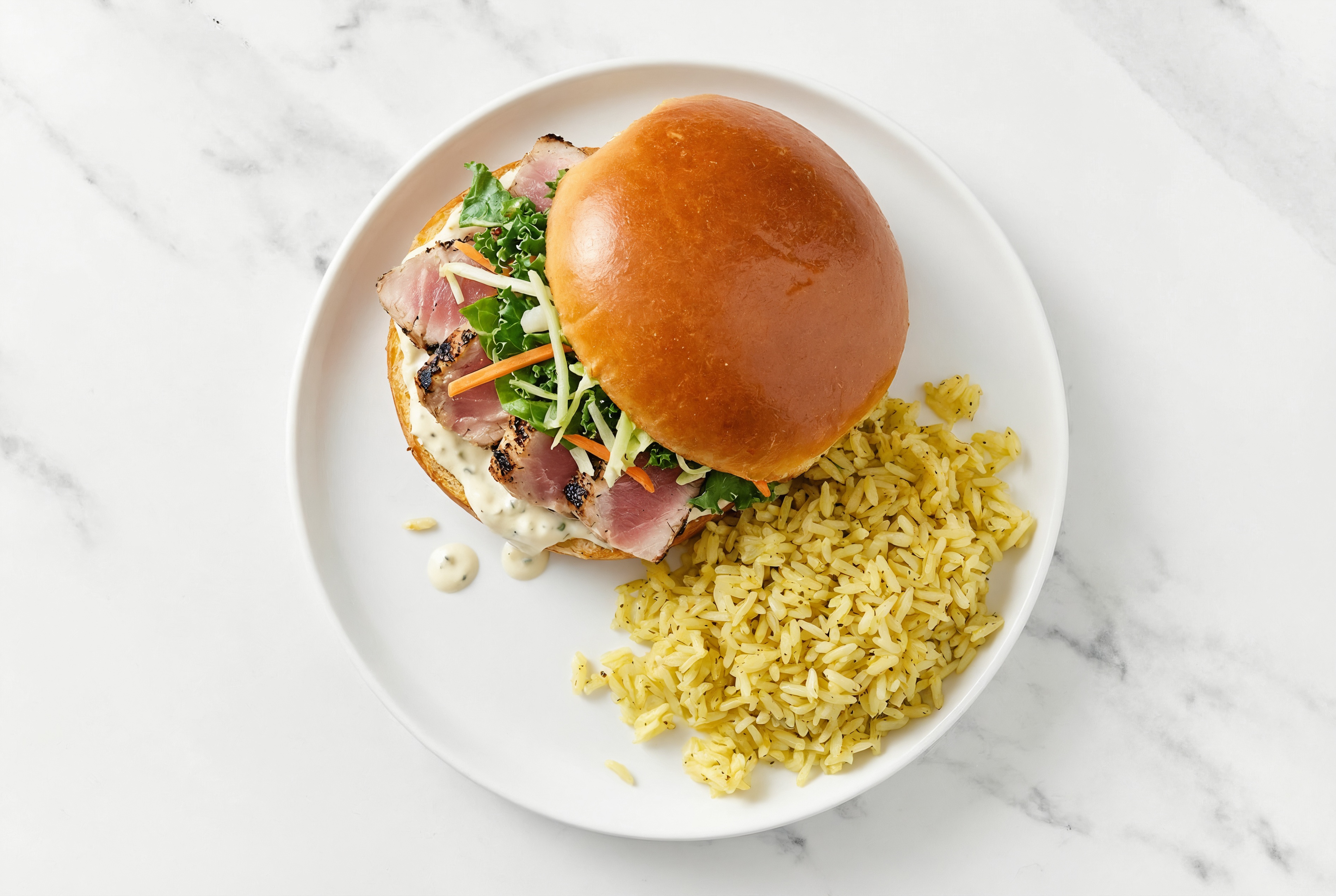 Creamy Garlic Tuna Sandwich on Brioche with Superblend + Jasmine Rice