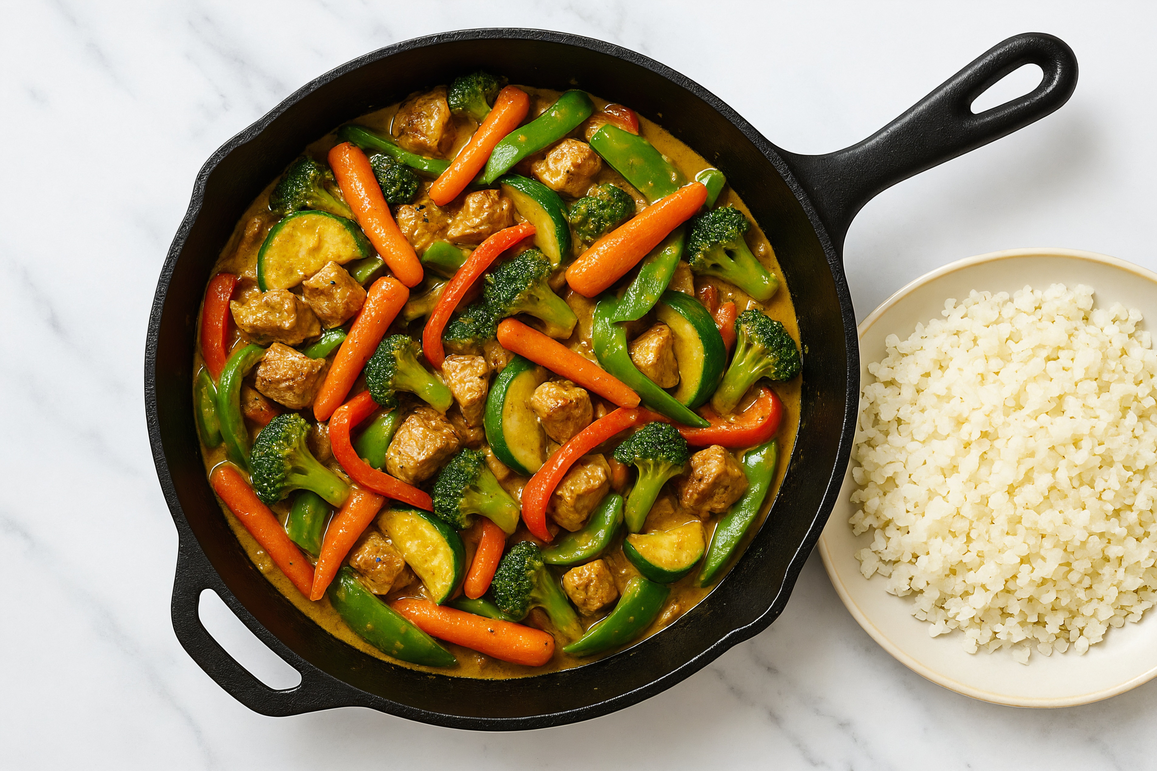 Hearty Coconut Curry Grilled Pork Tenderloin Stir-Fry with Mixed Veggies over Riced Cauliflower