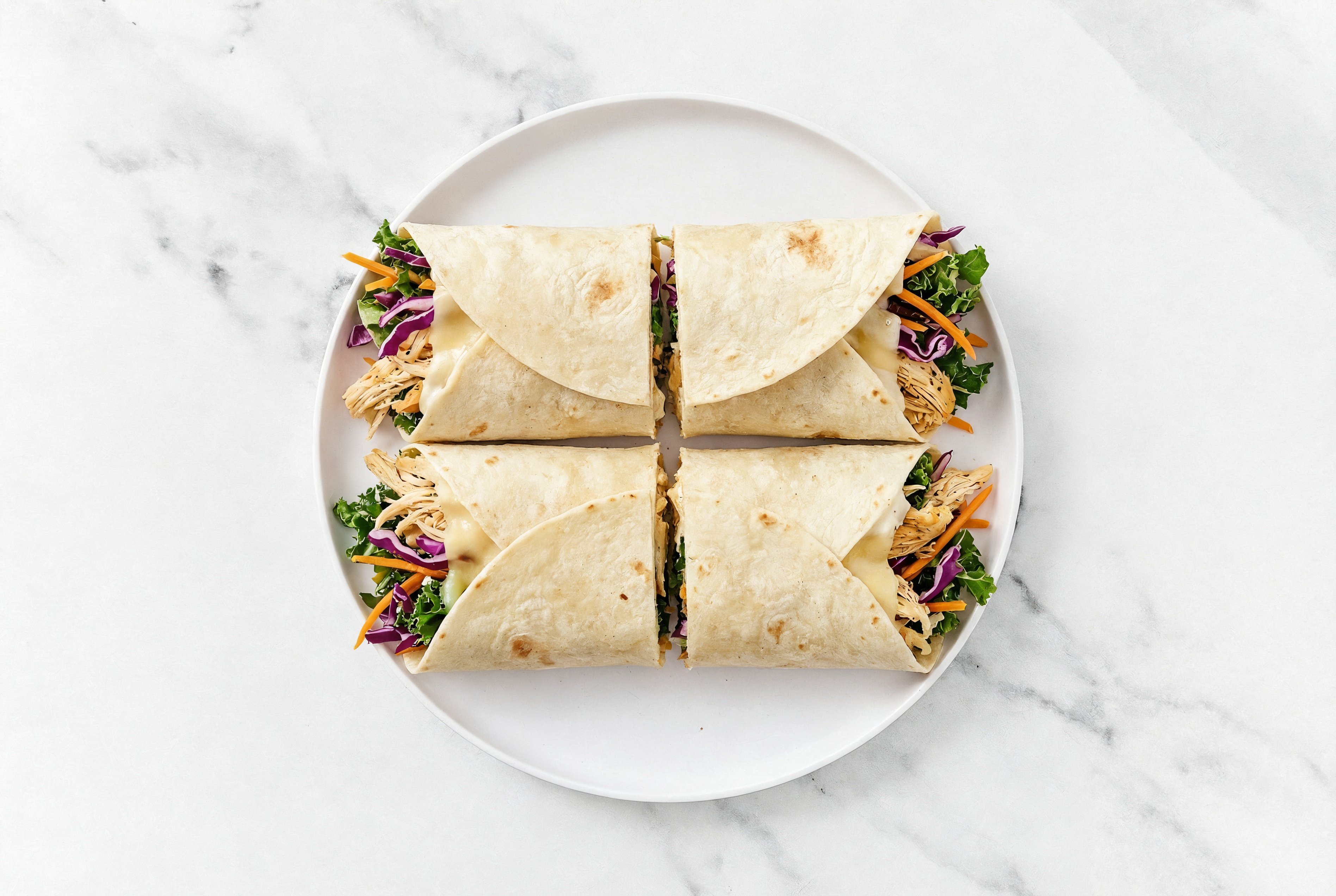 Garlic Pulled Chicken + Havarti Tortilla Wraps with Rainbow Veggies