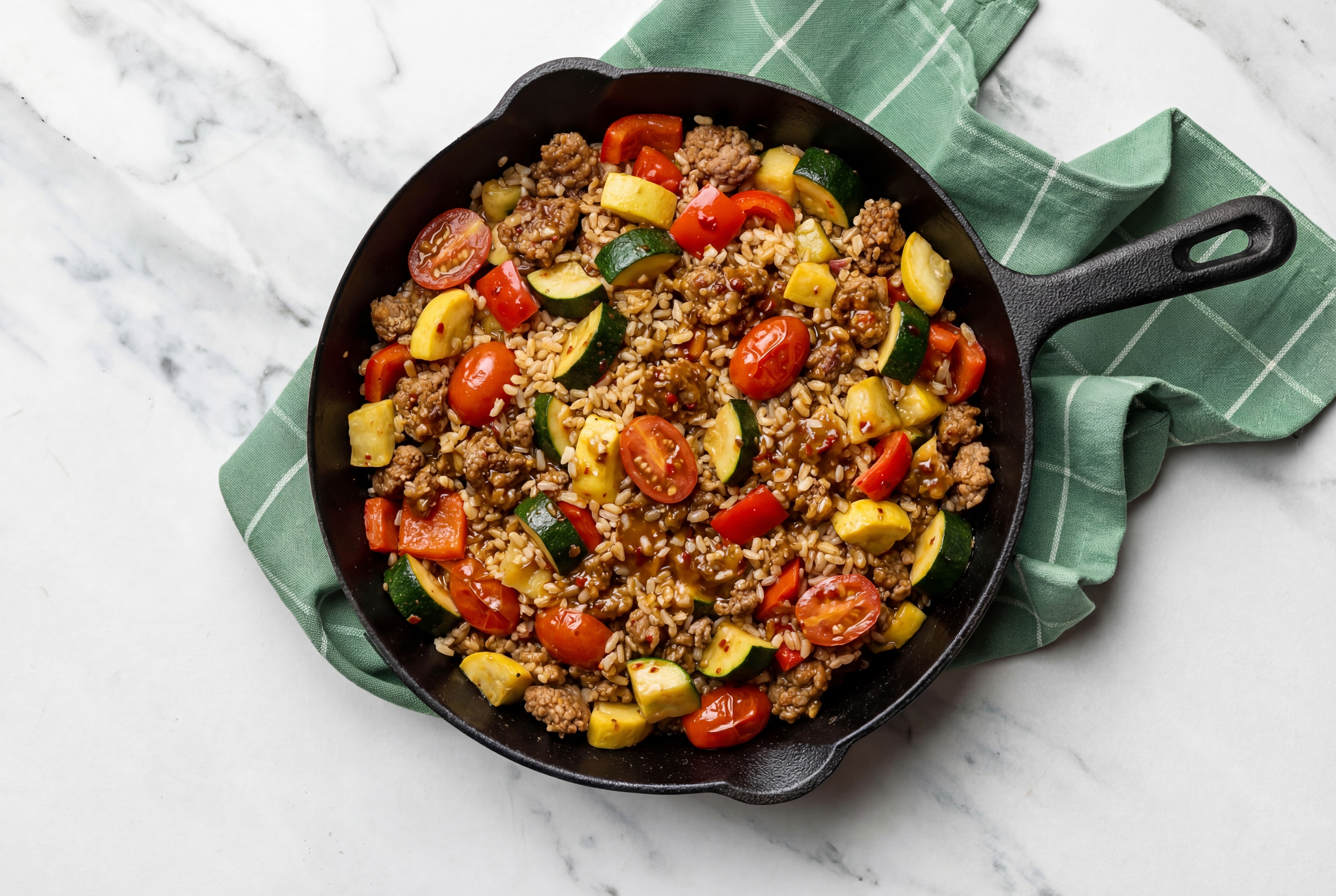 Herby Sesame Ginger Squash + Ground Italian-Style Beef Stir-Fry