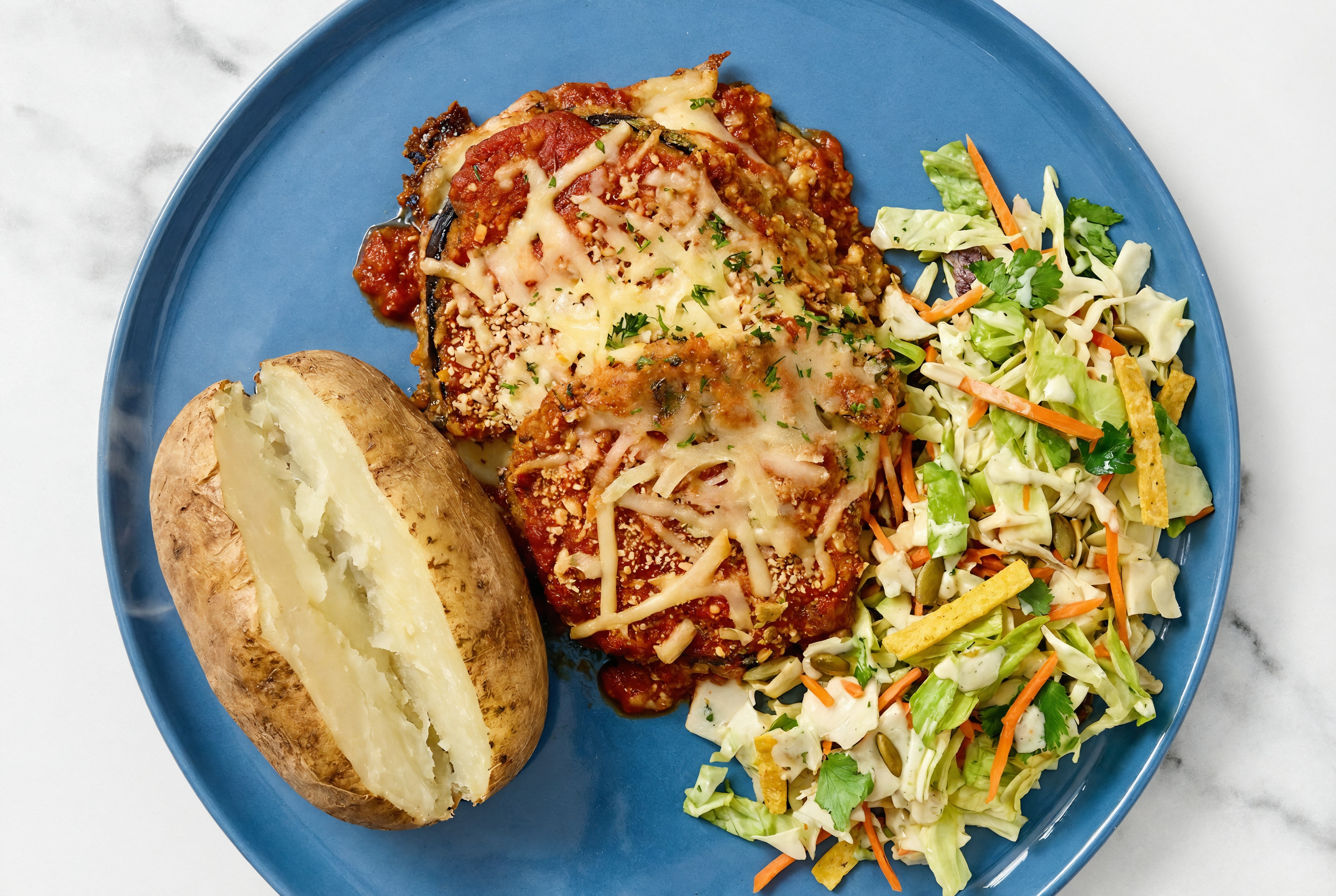 Eggplant Parmesan with Russet Potato + Southwest Salad