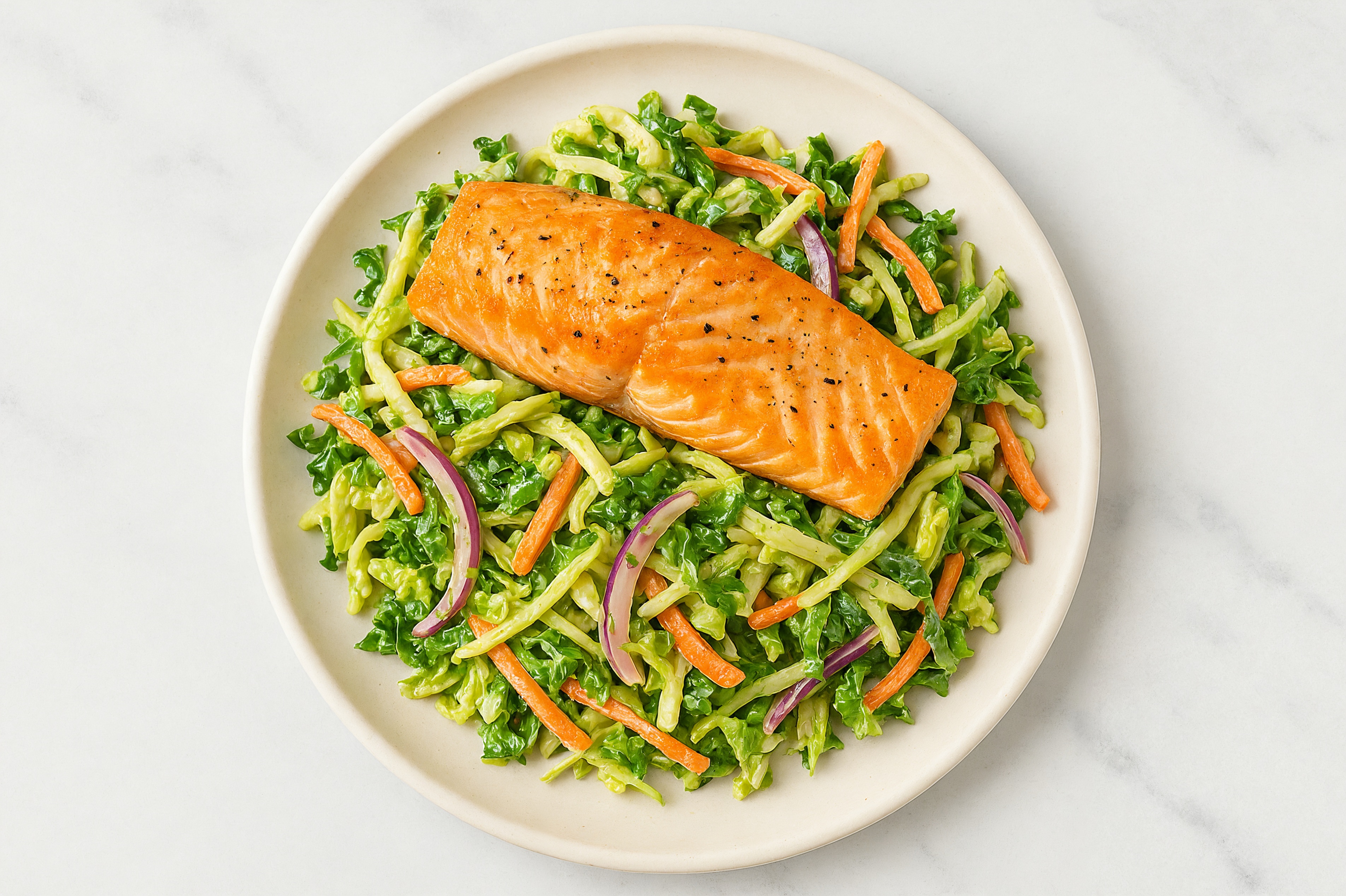 Superblend Salad with Salmon, Onion & Green Goddess Dressing