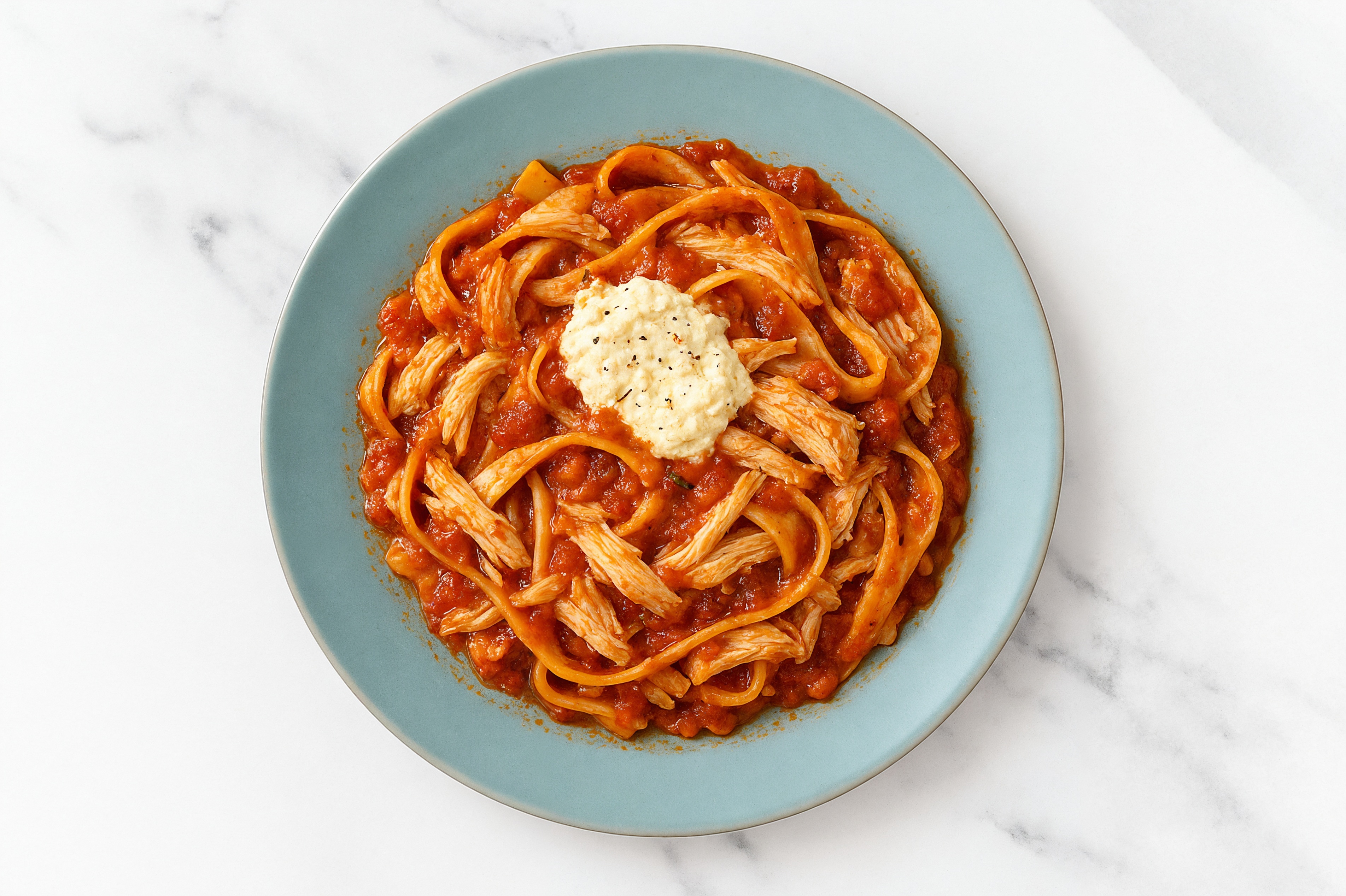 Tomato Marinara Tagliatelle with Pulled Chicken & "Ricotta"