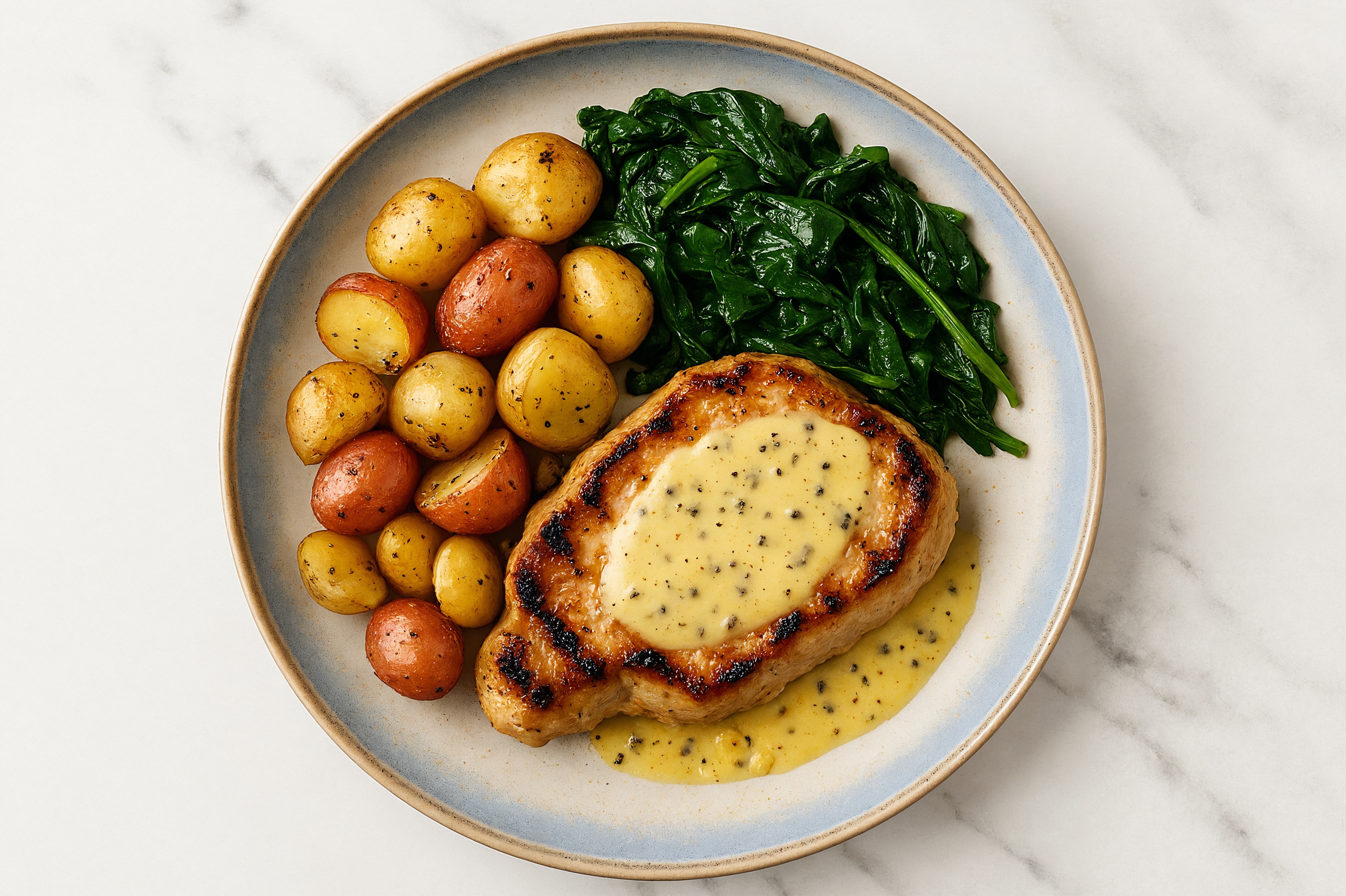 Lemon-Slow Churned & Peppercorn Pasture Butter Pork Chops with Creamer Potatoes & Spinach