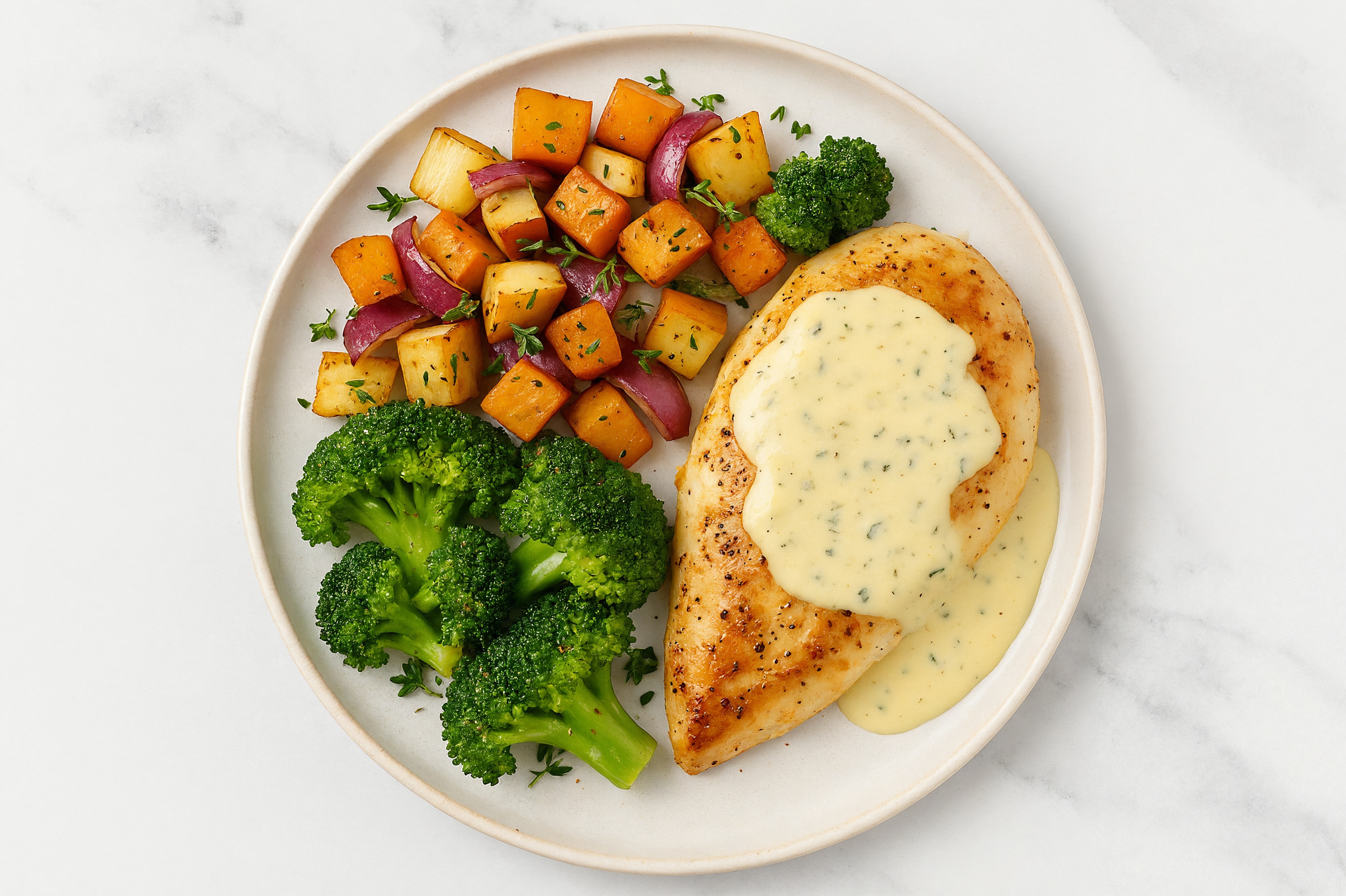 Creamy Herb Smothered Chicken Breasts with Broccoli & Roasted Vegetables