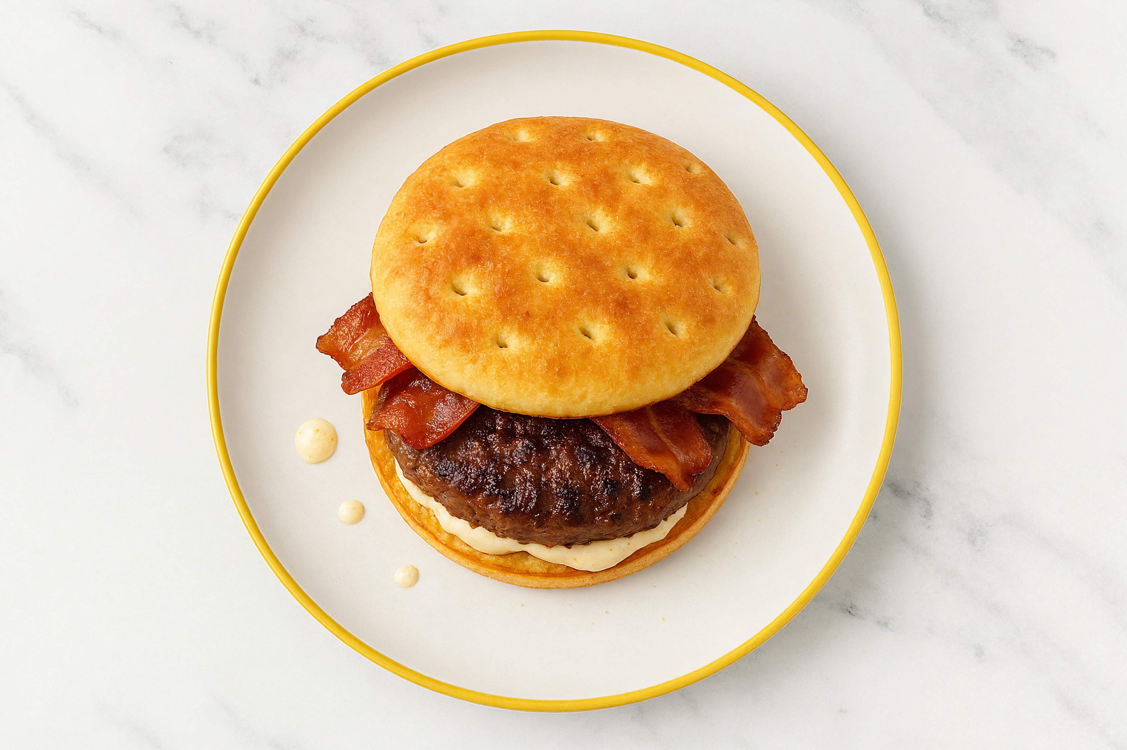 Beef Burger on Brioche Thin Buns with Horseradish & Applewood Smoked Pork Bacon