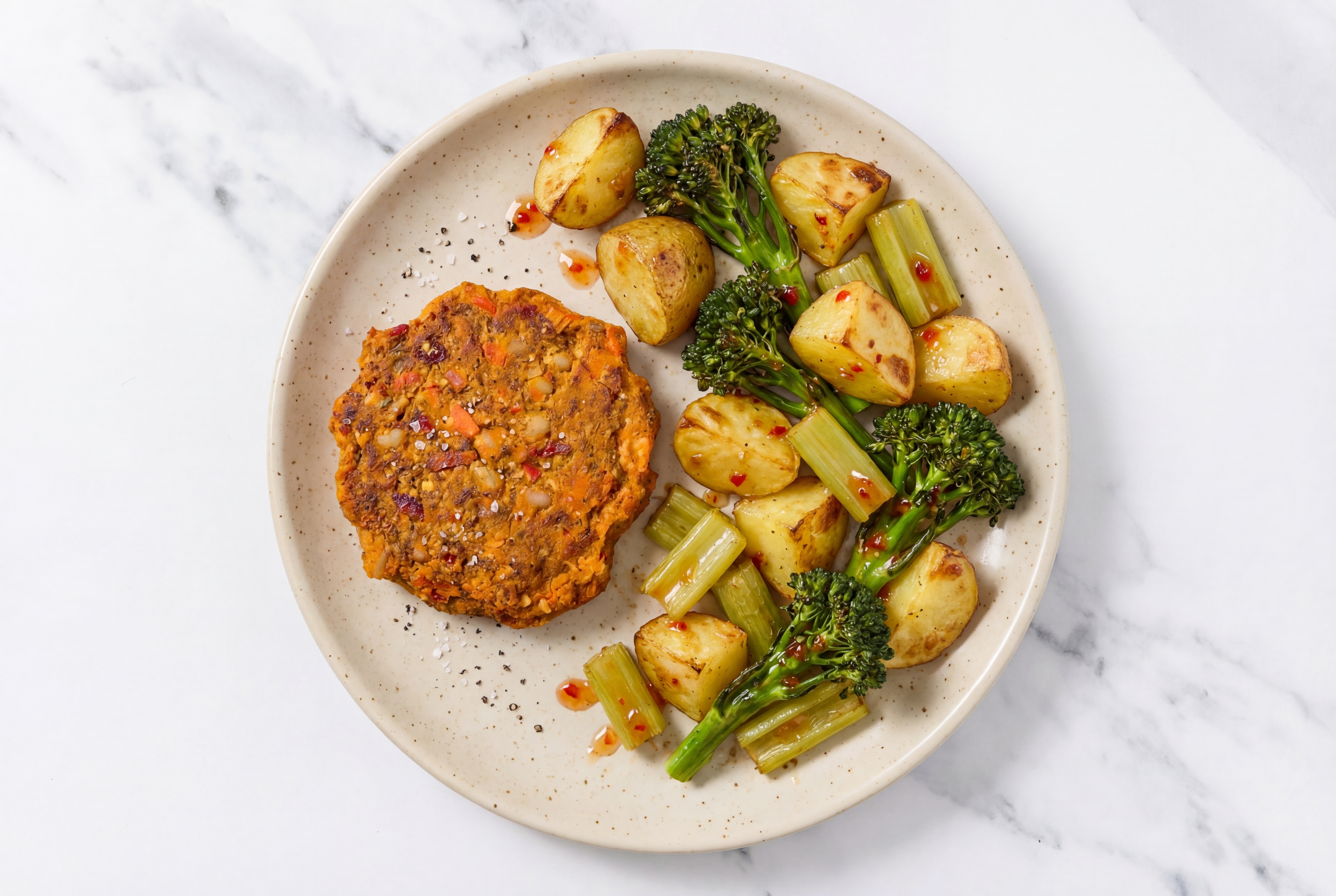 Roasted Celery + Yellow Potatoes with Sweet Chili Lime, Veggie Potato Burger Patties Plate