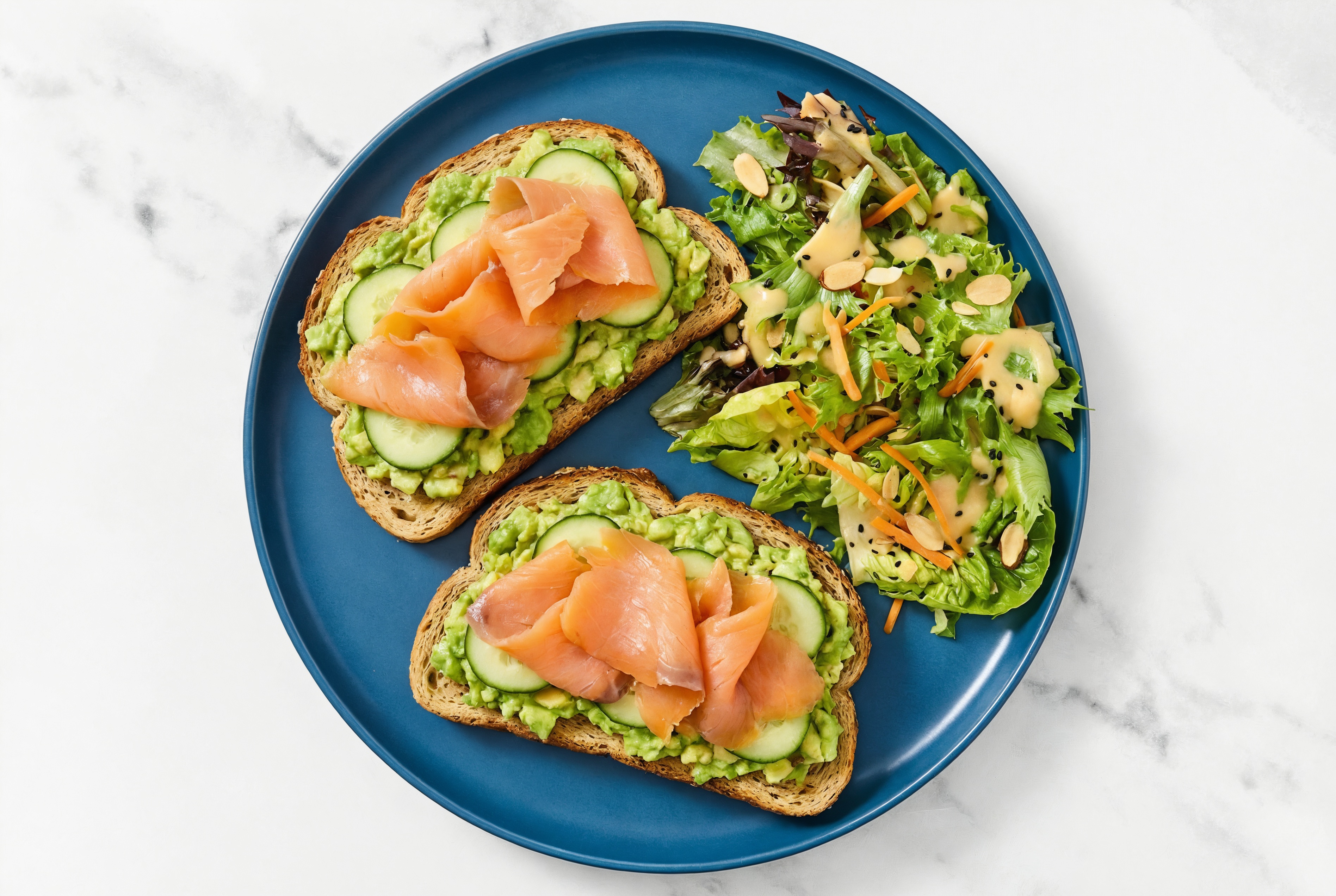 Open Face Avocado + Smoke Salmon Sandwiches with Chopped Little Gem Salad Side