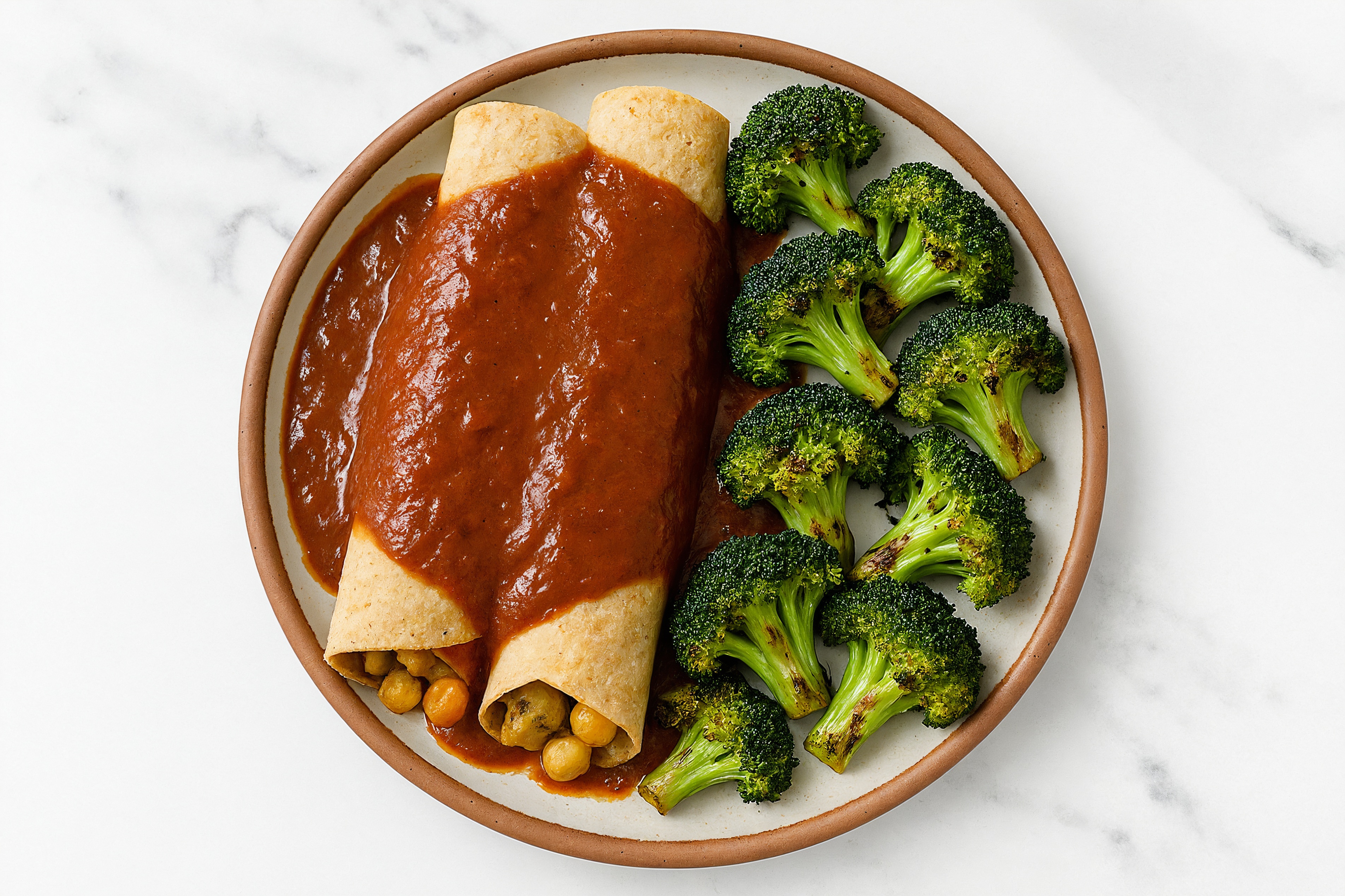 Vindaloo Chickpea + Potato Enchiladas with Broccoli