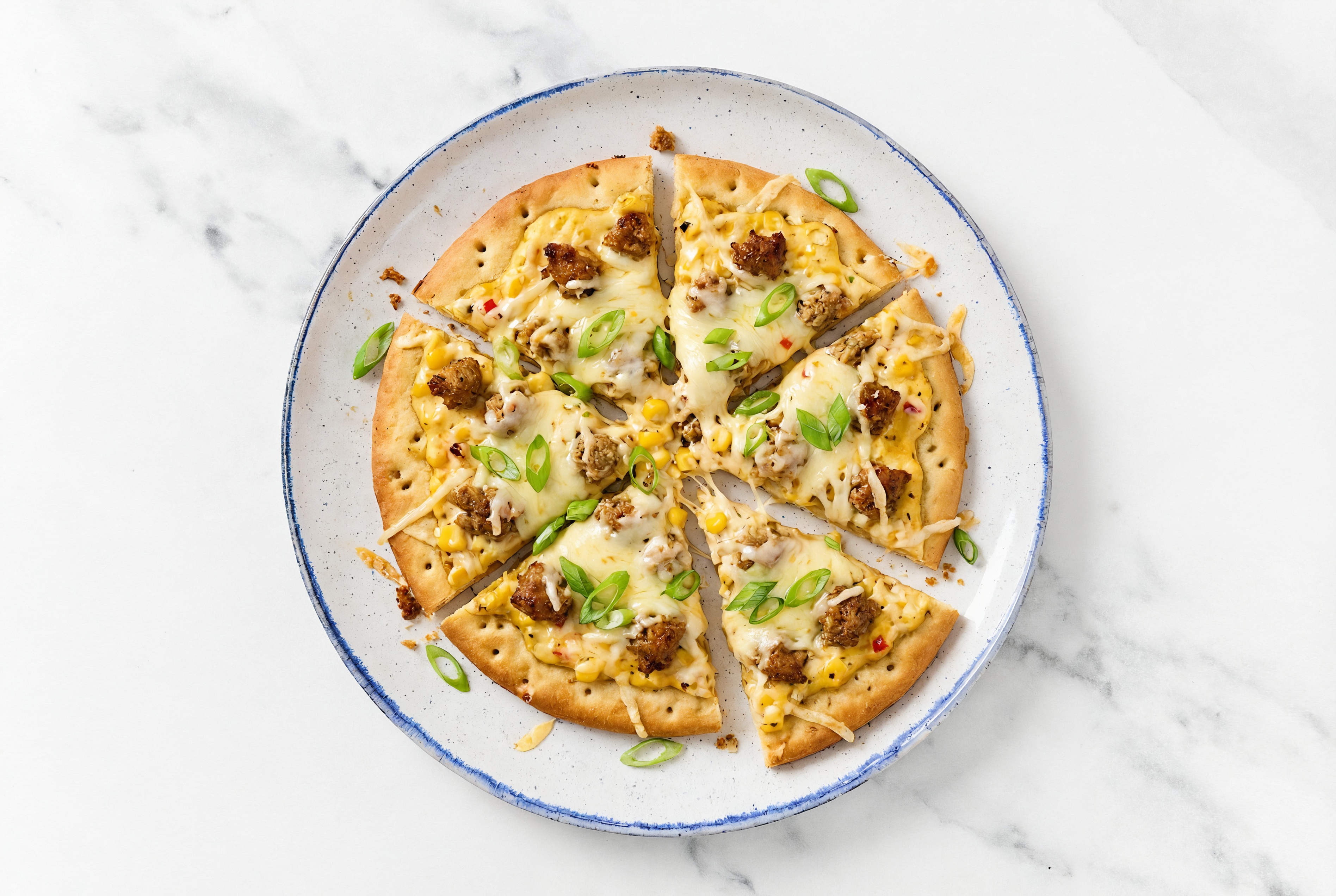 Street Corn Spicy Turkey Pizza with "Mozzarella" + Fresh Scallions