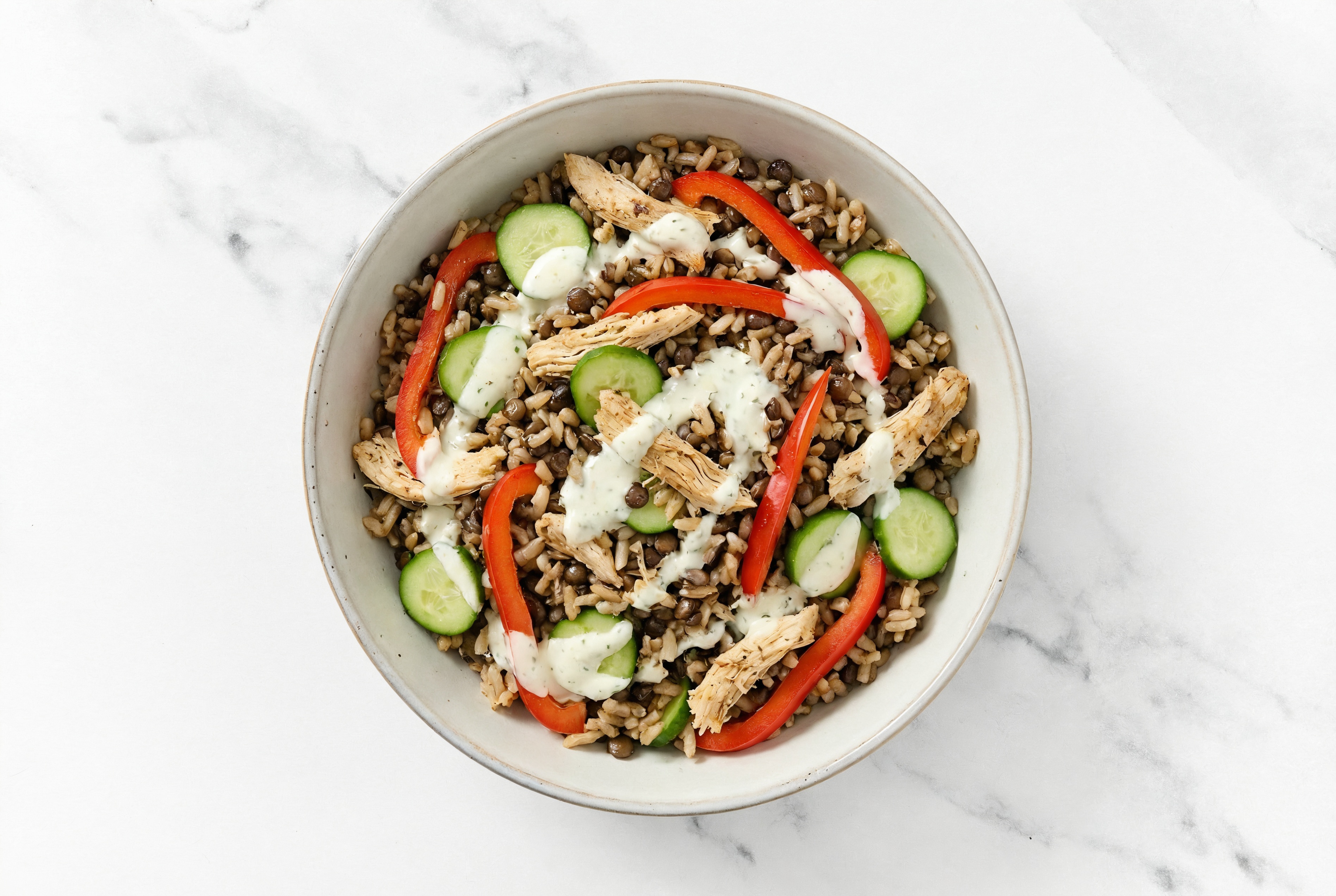  Mediterranean Pulled Chicken Power Bowl with Red Bell Pepper