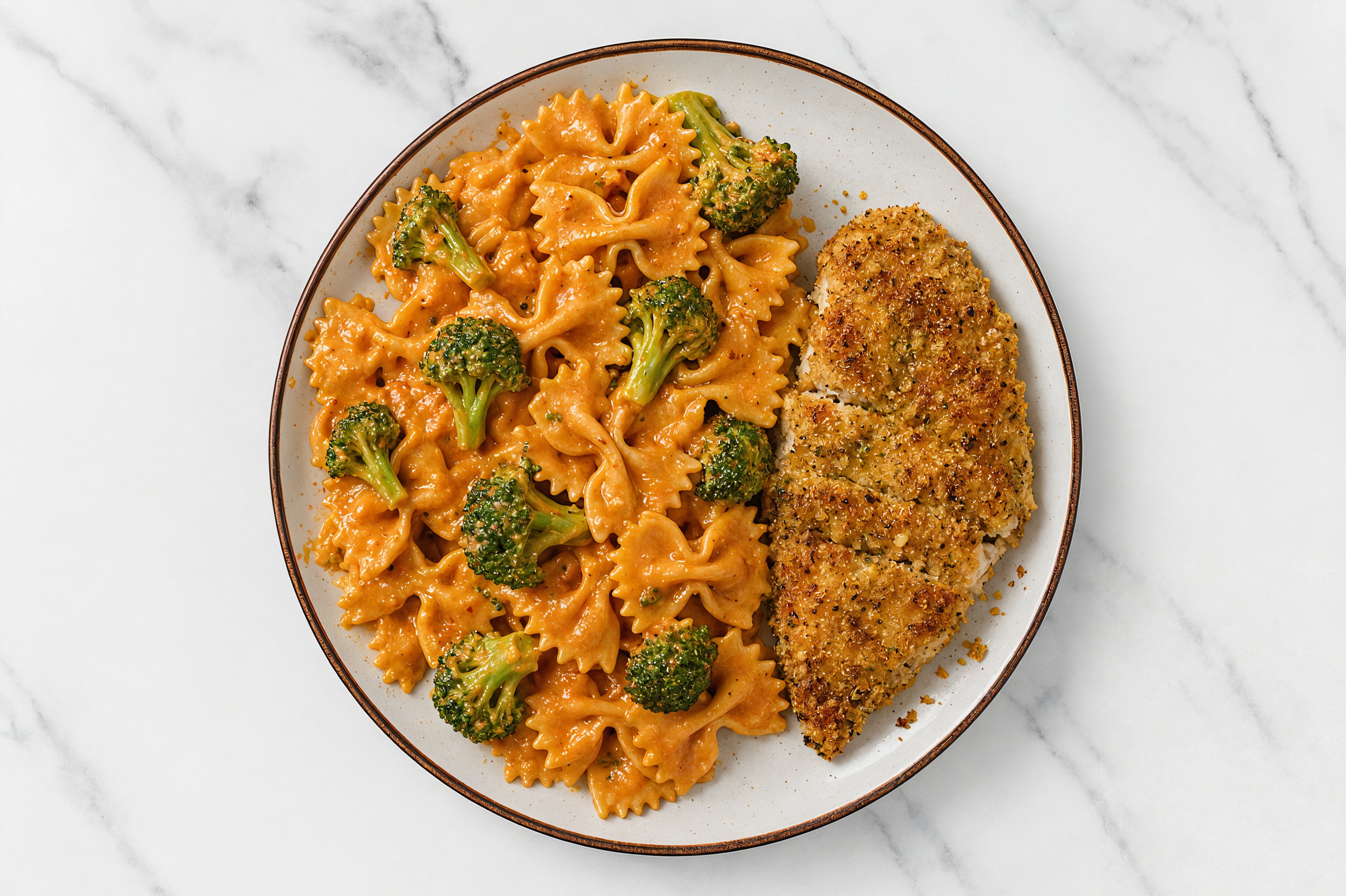 Crispy Garlic Chicken over Creamy Vodka Farfalle with Broccoli