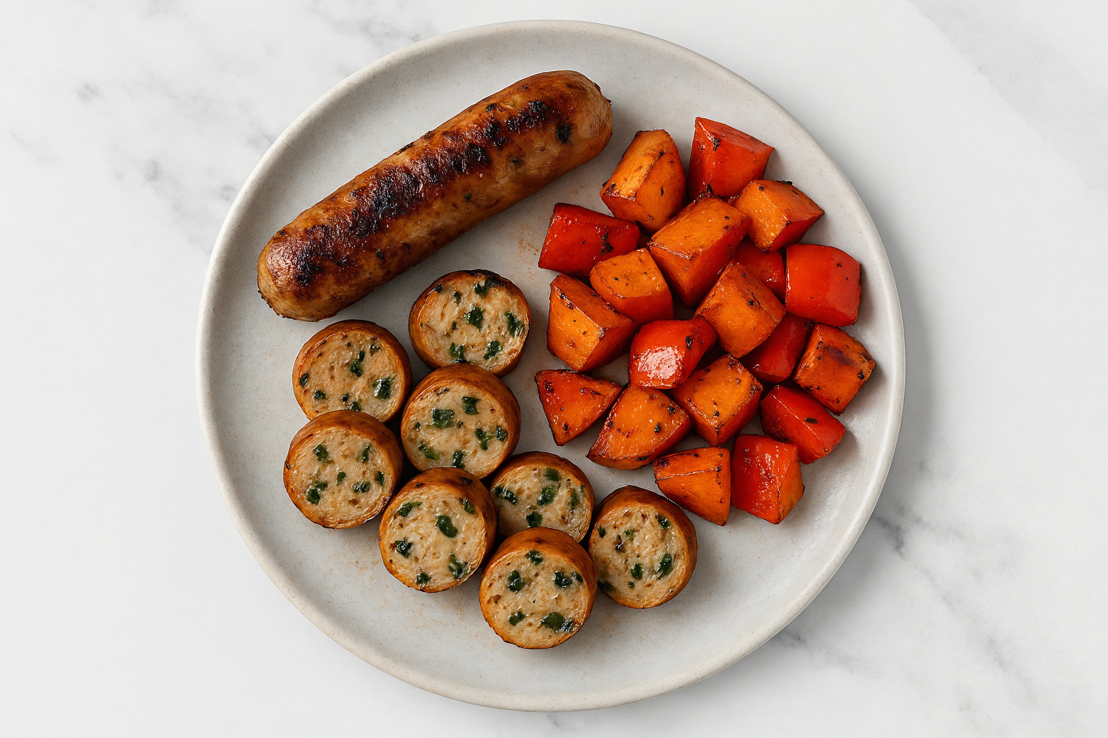Garden Garlicky Chicken Sausage + Potato Hash with Red Bell Pepper