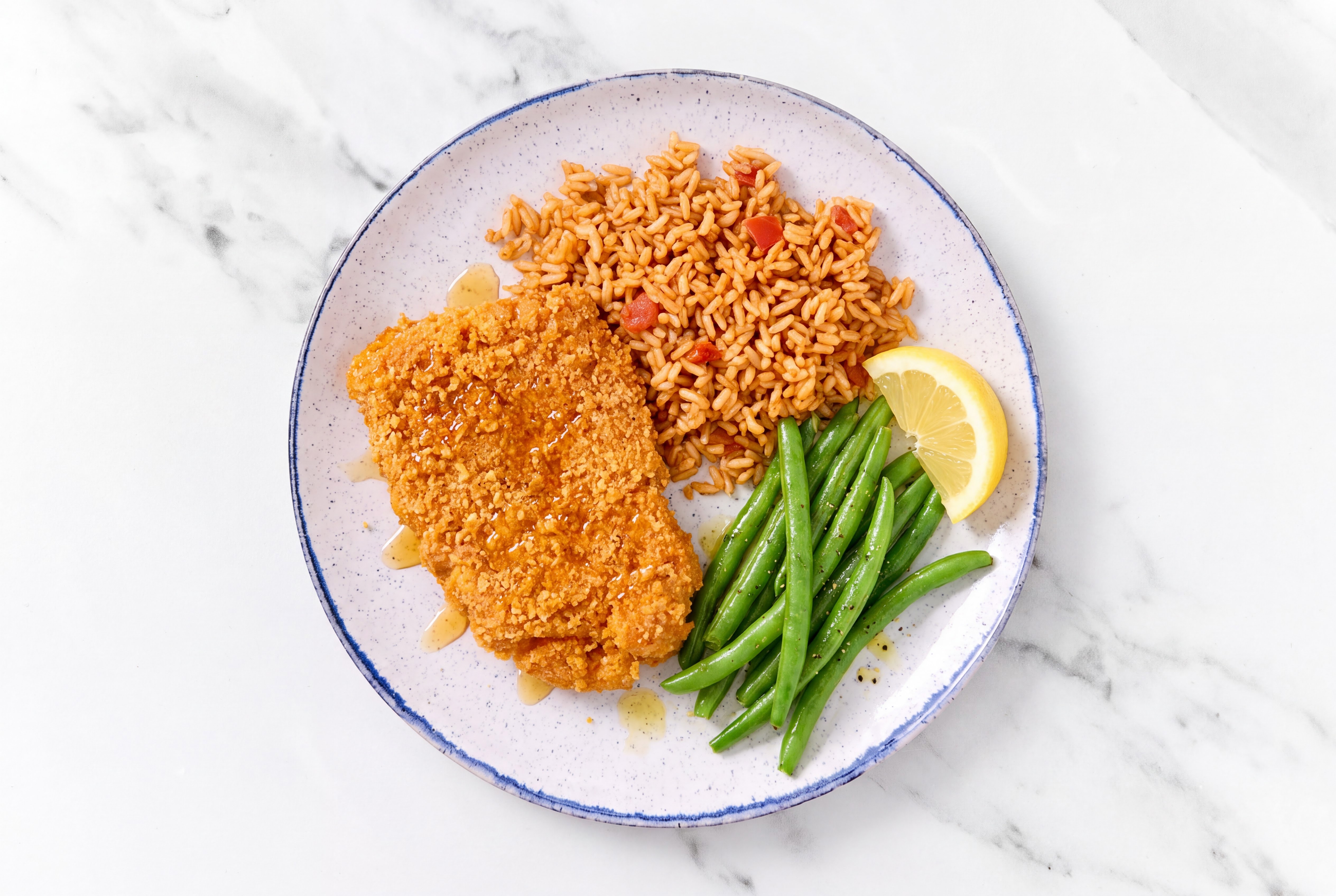 Lemon Hot Honey Breaded Chicken Cutlet with Organic Green Beans & Mexican Rice