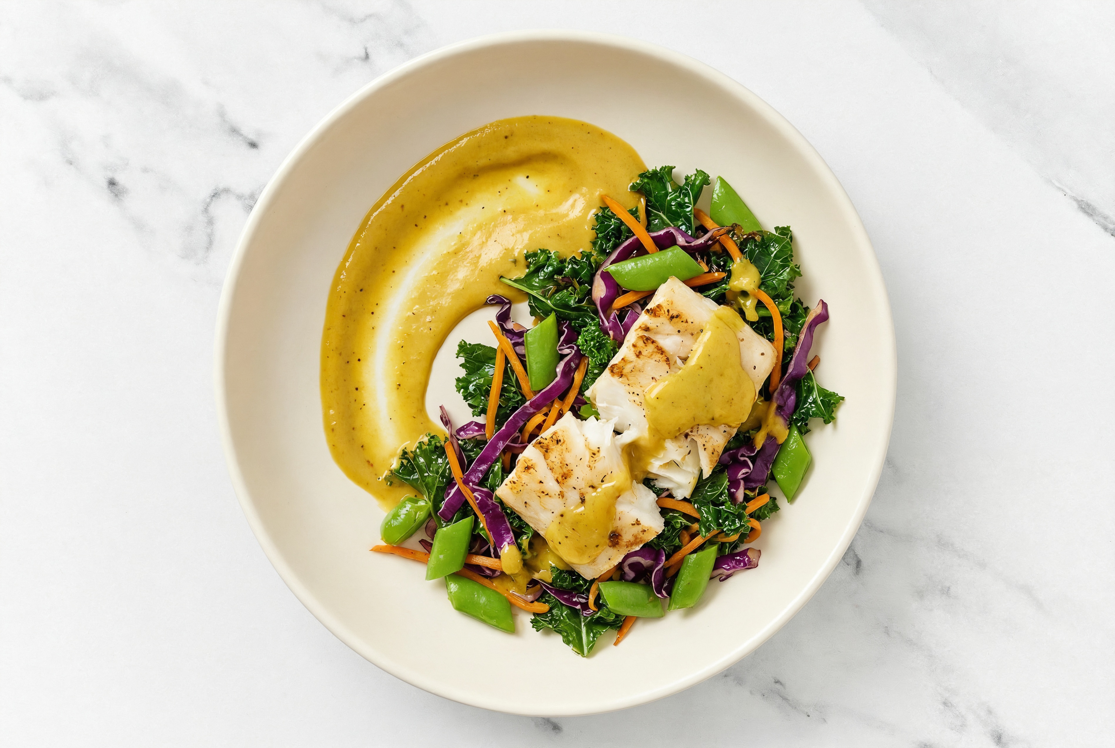 Halibut + Rainbow Veggie Curry Bowl