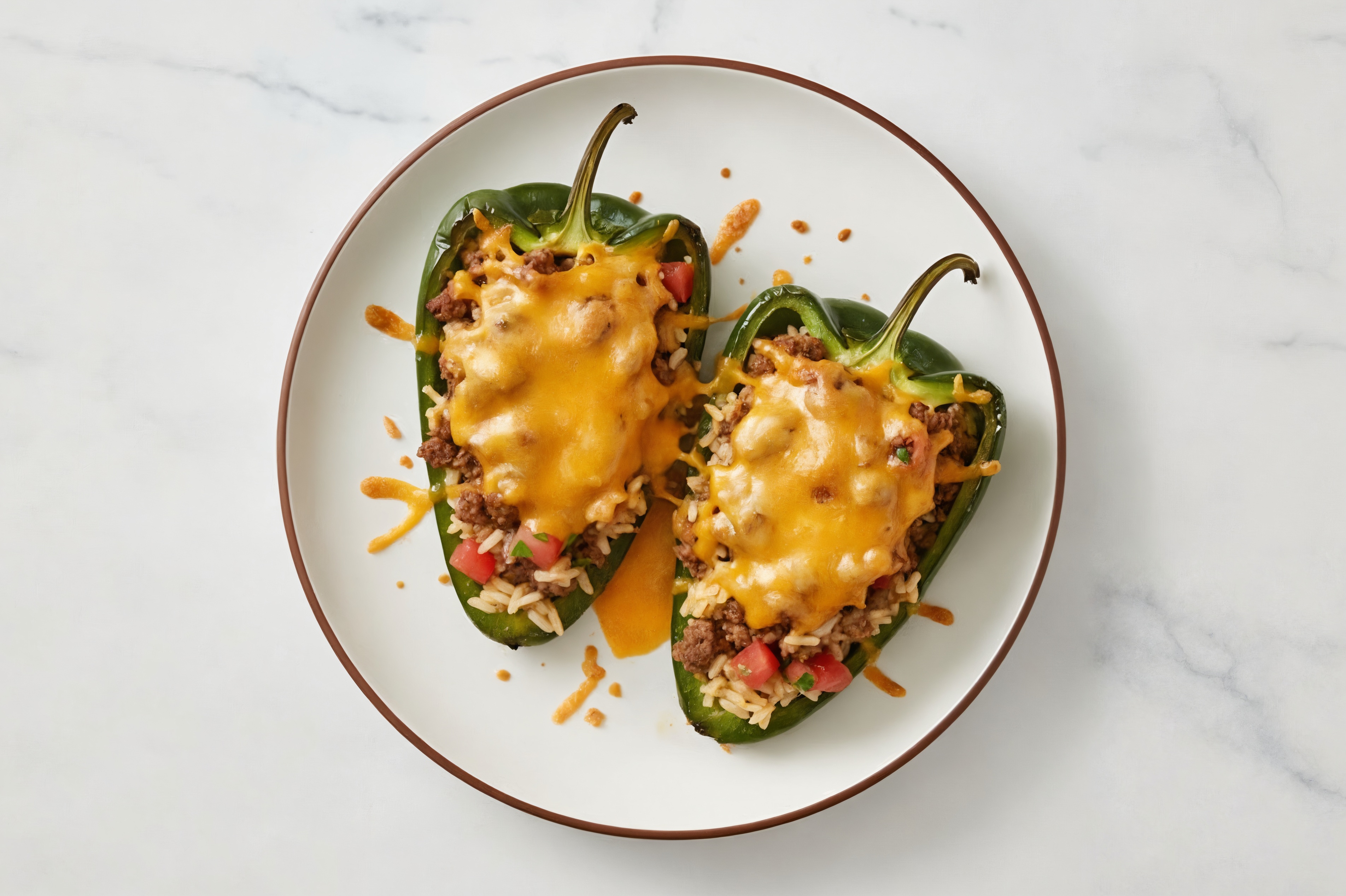 Cheesy Wagyu Beef Stuffed Poblano Peppers with Shredded Sharp Cheddar Cheese