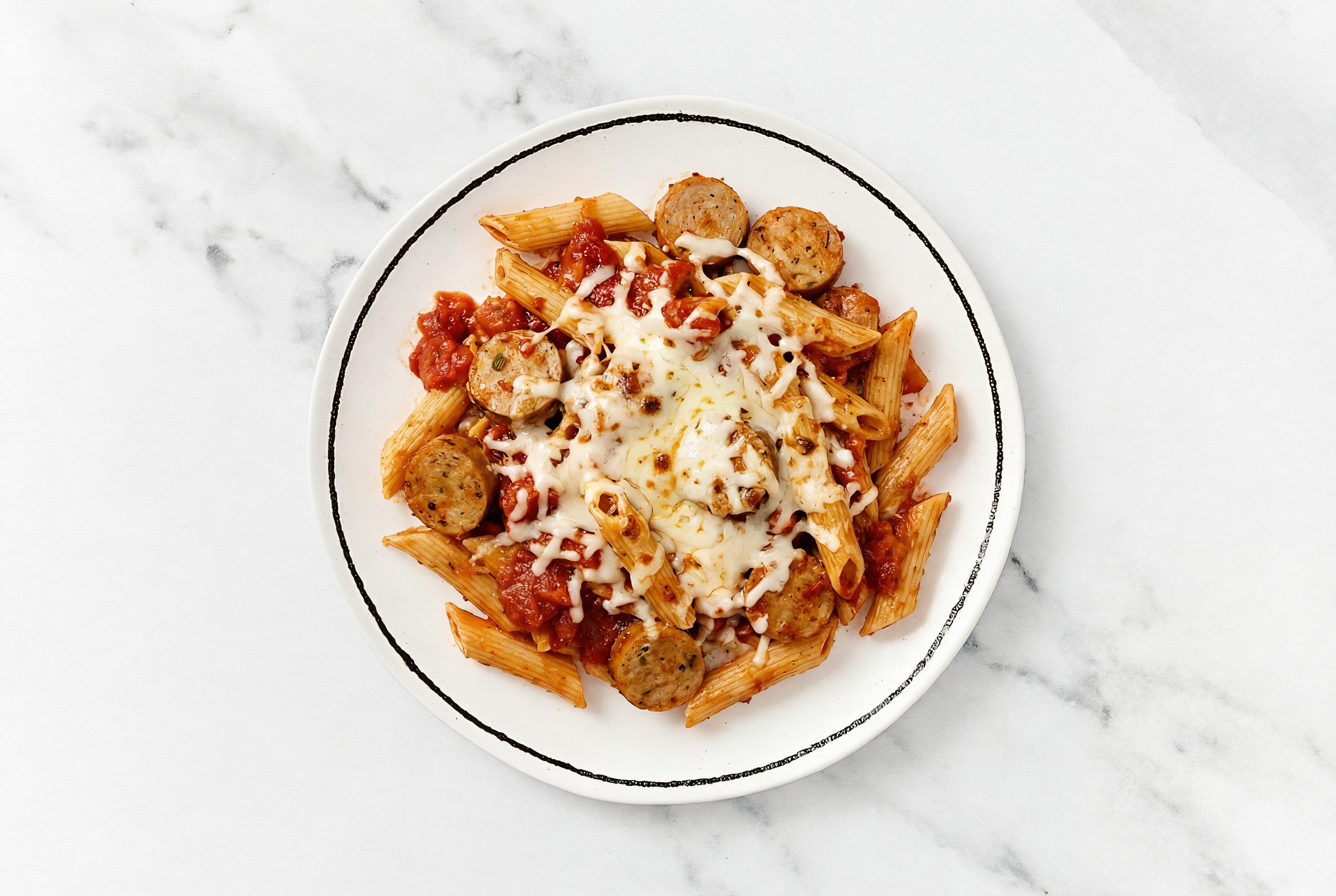 Marinara Chicken Sausage Pasta Bake with Shredded Mozzarella Cheese