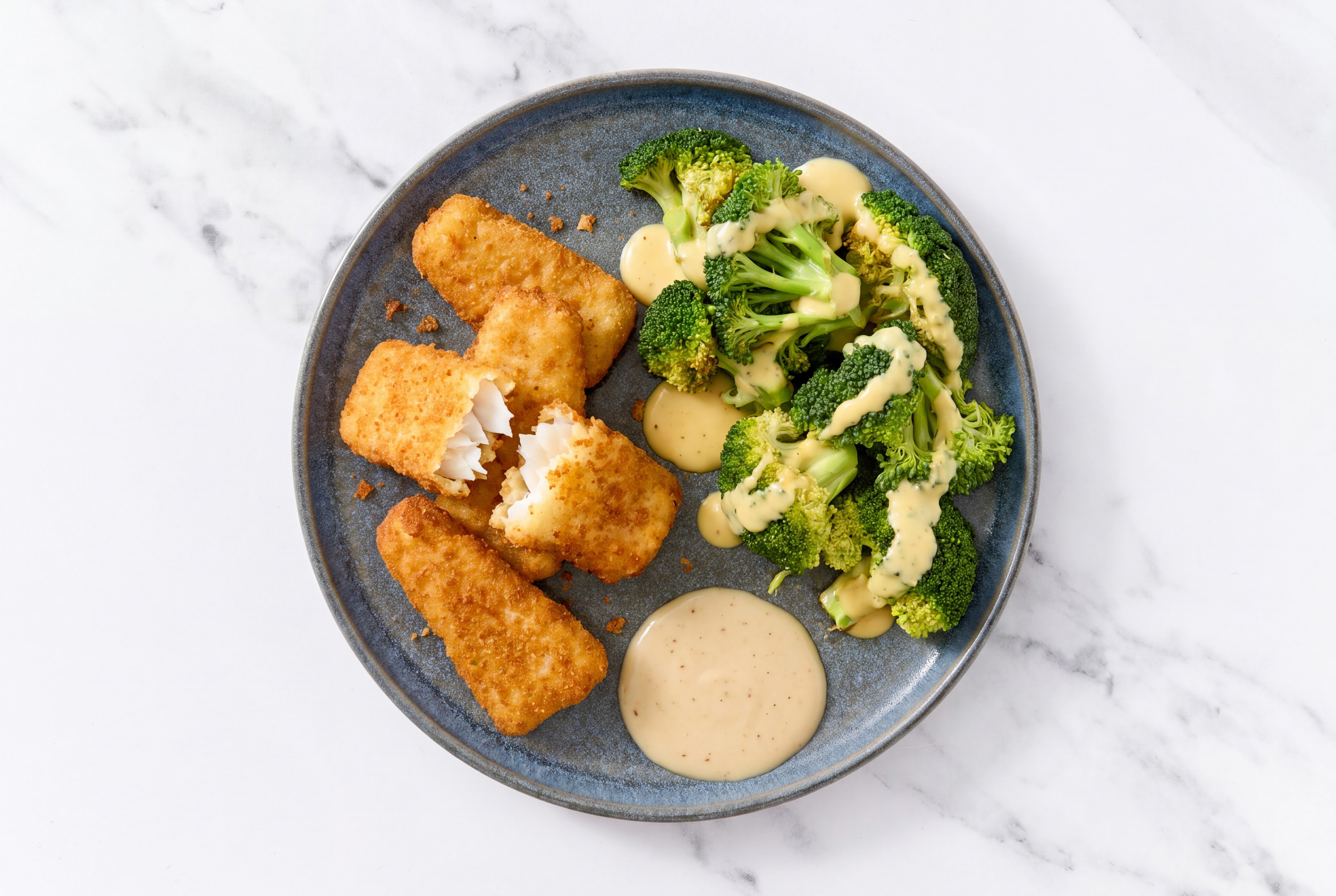Oven Fried Fish + Cheesy Organic Broccoli with Miso Caesar Dressing & Drizzle