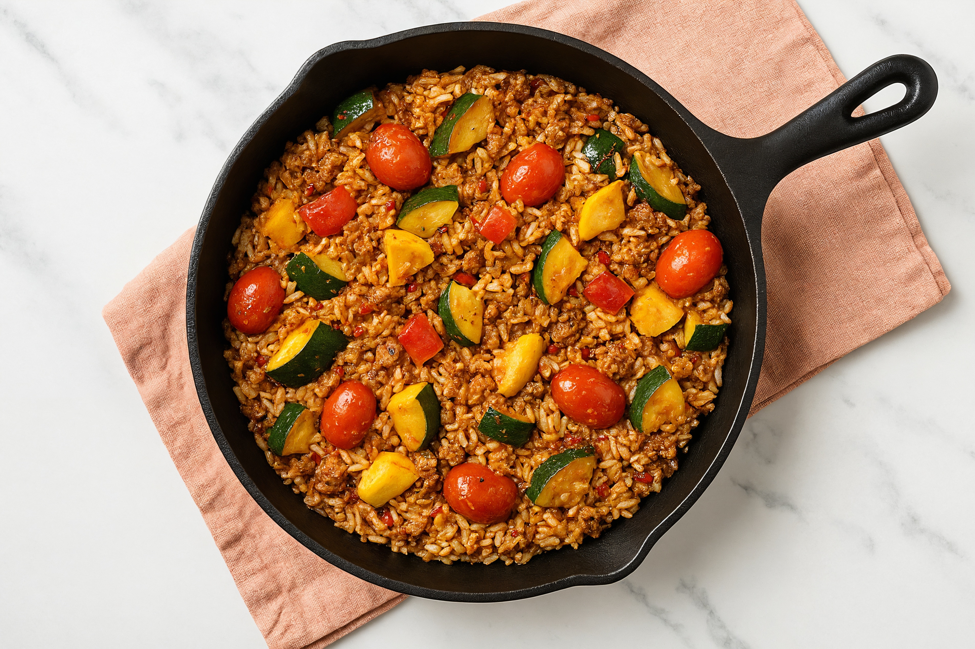 Sesame Ginger Squash + Ground Bison Stir-Fry with Long Grain White Rice