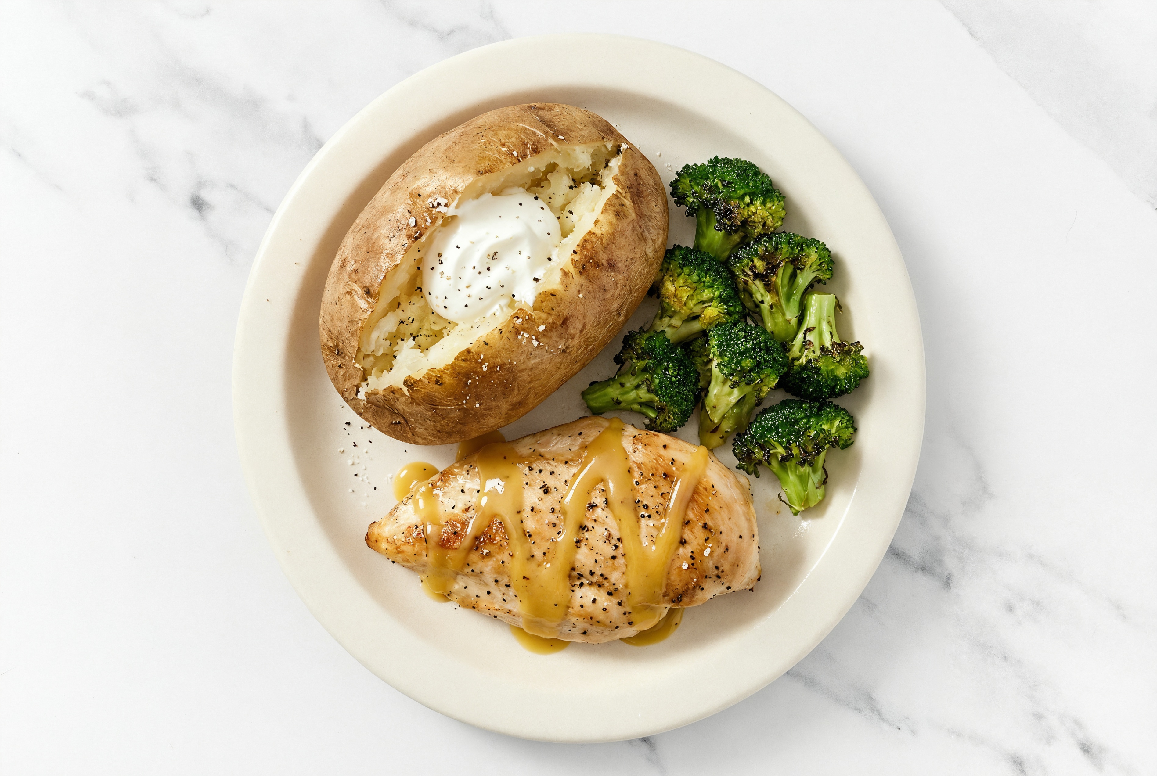 Hearty Honey Mustard Chicken Breasts + Baked Potatoes with Broccoli Florets