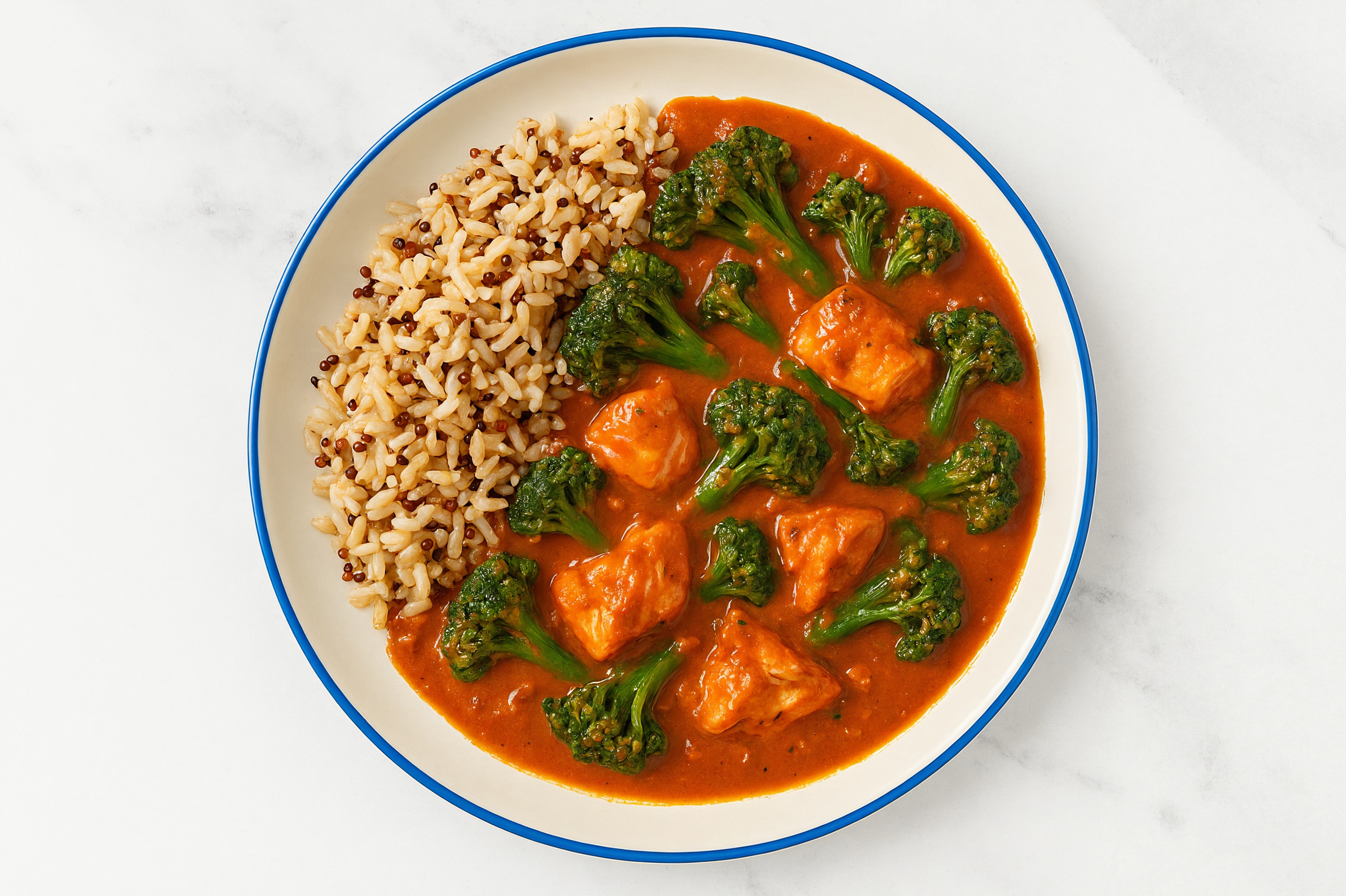 Salmon & Tikka Masala Stew with Sweet Baby Broccoli & Brown Rice