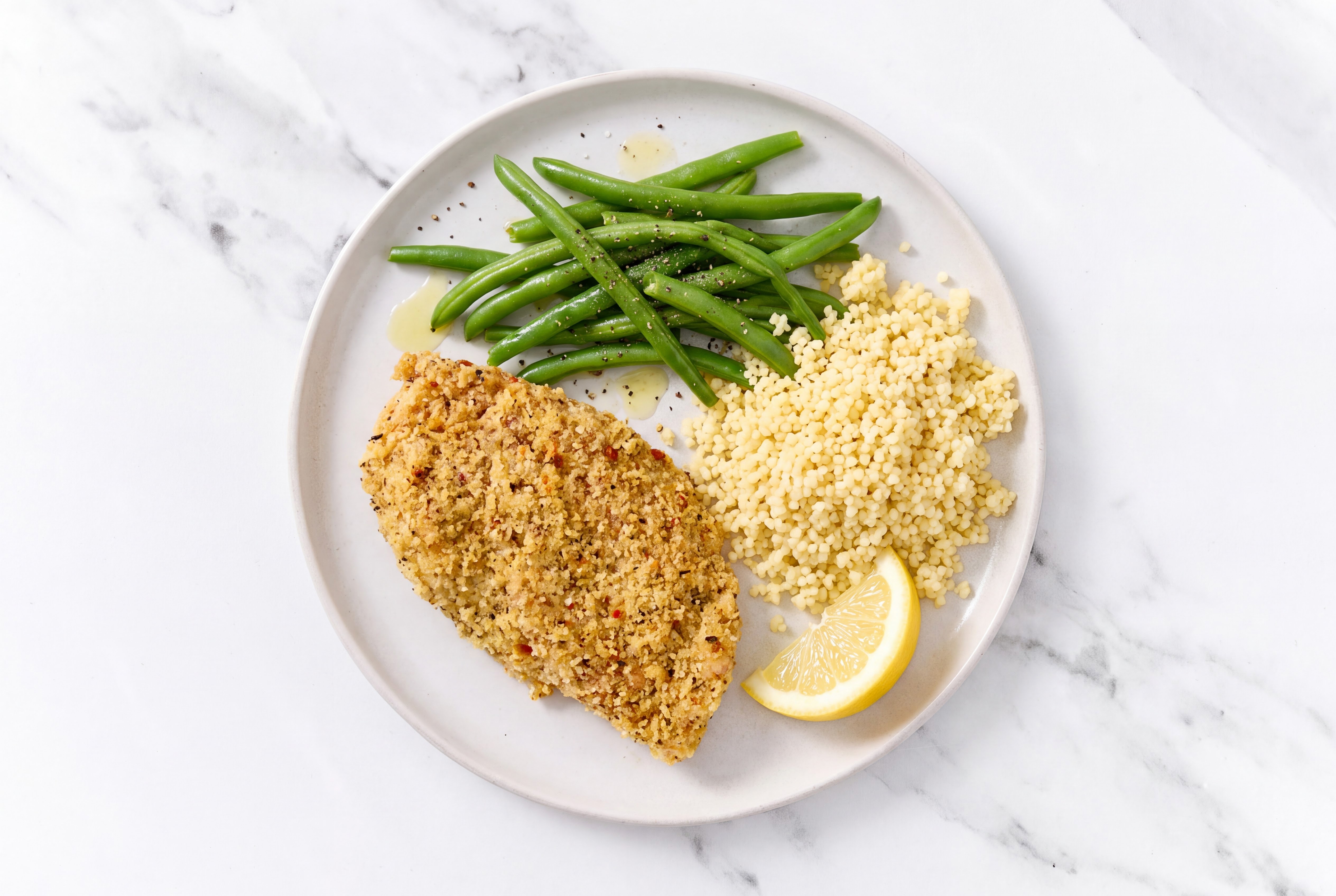 Lemon Parmesan Breaded Chicken Cutlet with Green Beans & Couscous