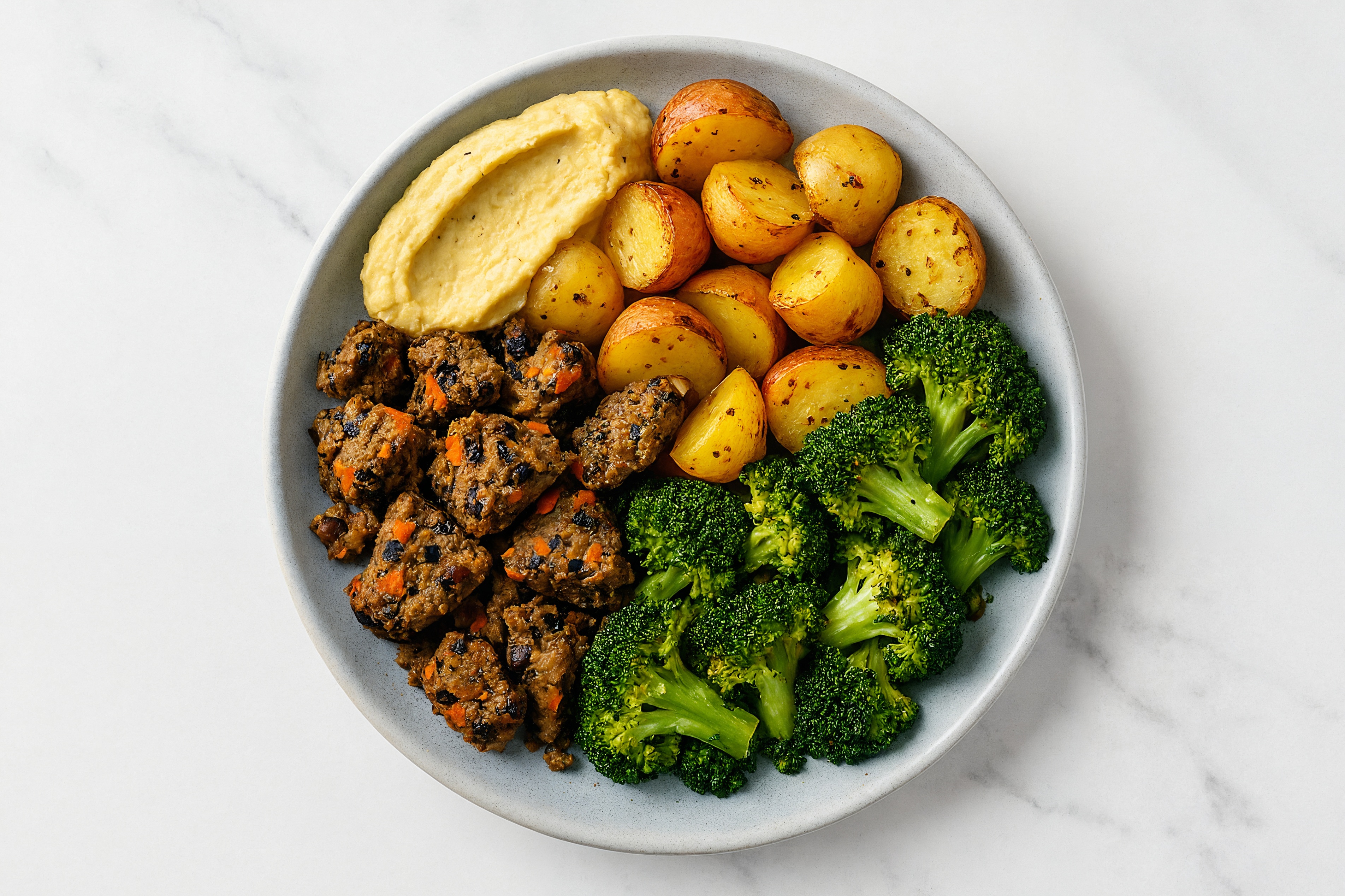 Hearty  Hummus + Black Bean Burger Bowl with Broccoli Florets