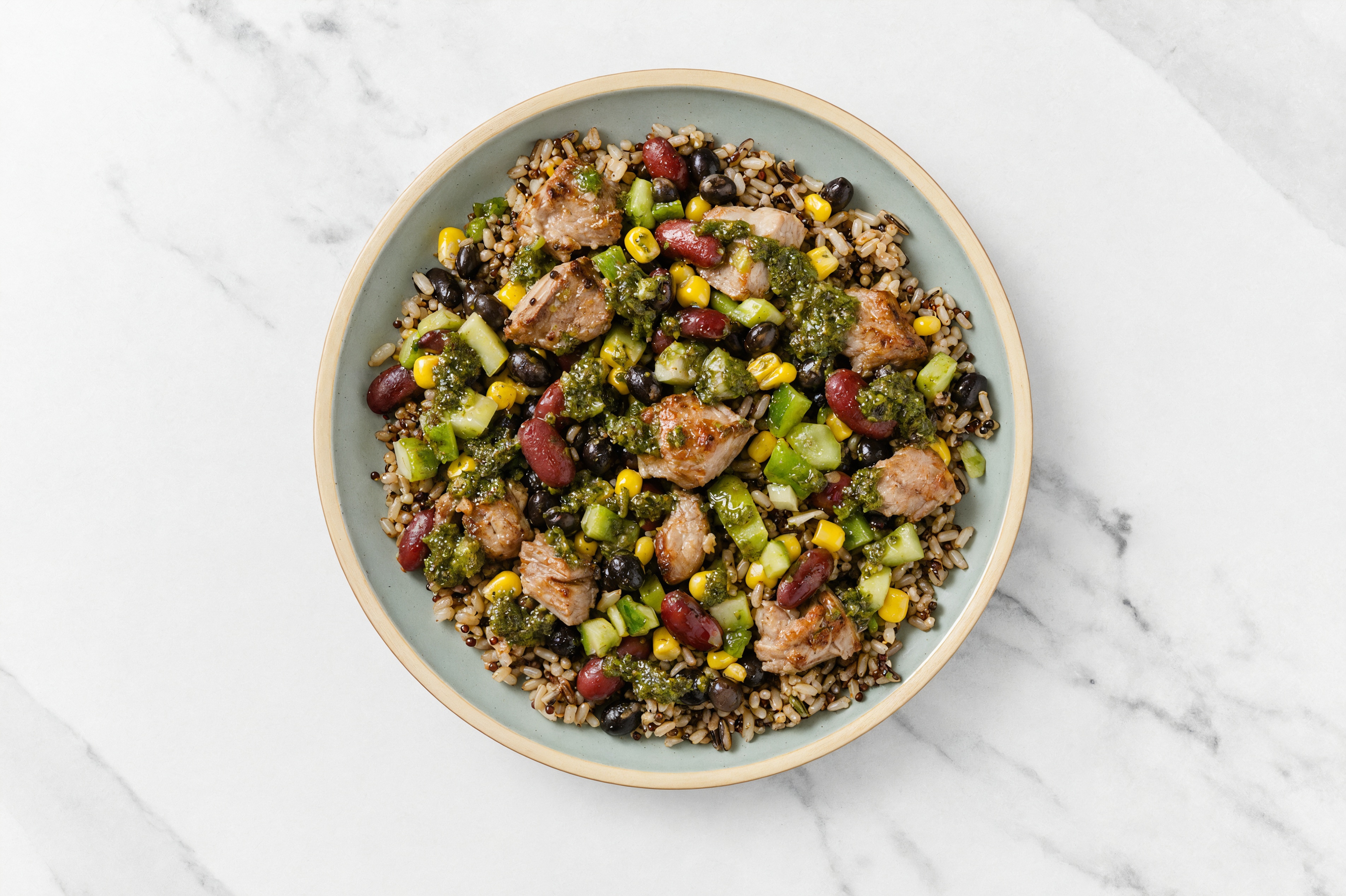 Carnitas Seven Grain Blend Bowl with Bean Salad & Zhoug