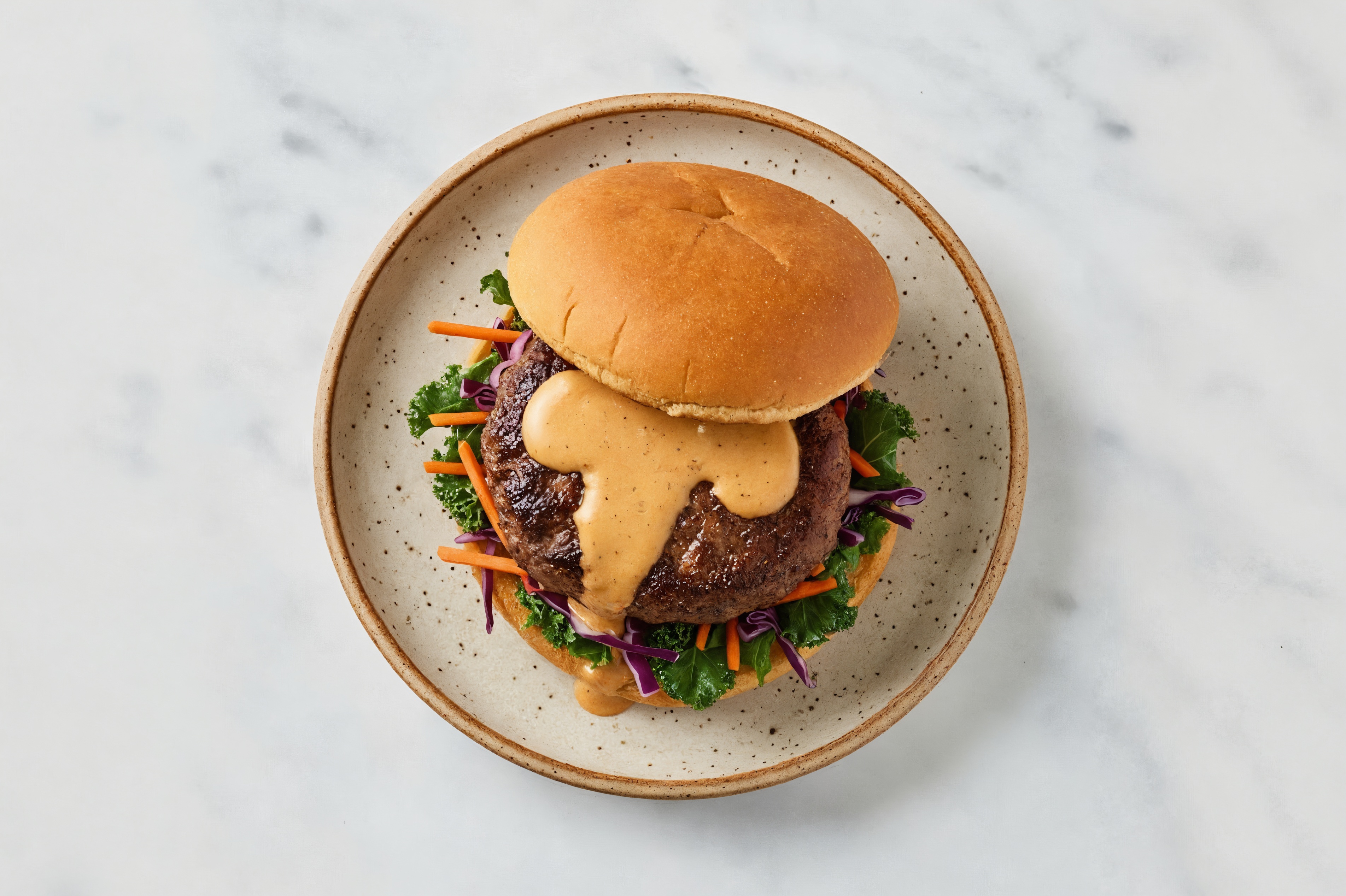 Rainbow Veggie Tavern Beef Burger on GF Bun with Smoky BBQ Sauce