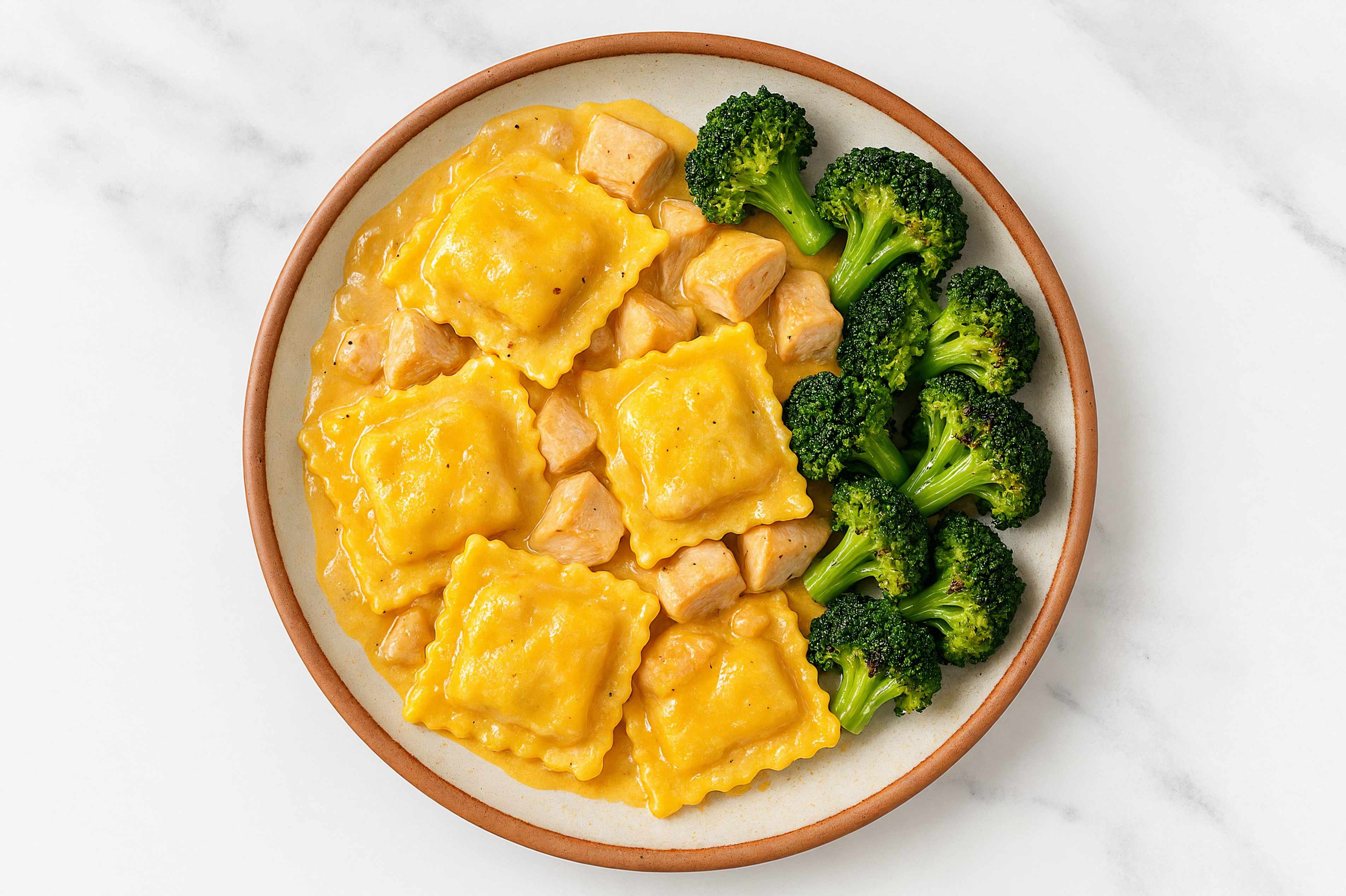 Creamy Cheddar Ricotta Ravioli with Pork Chops & Broccoli
