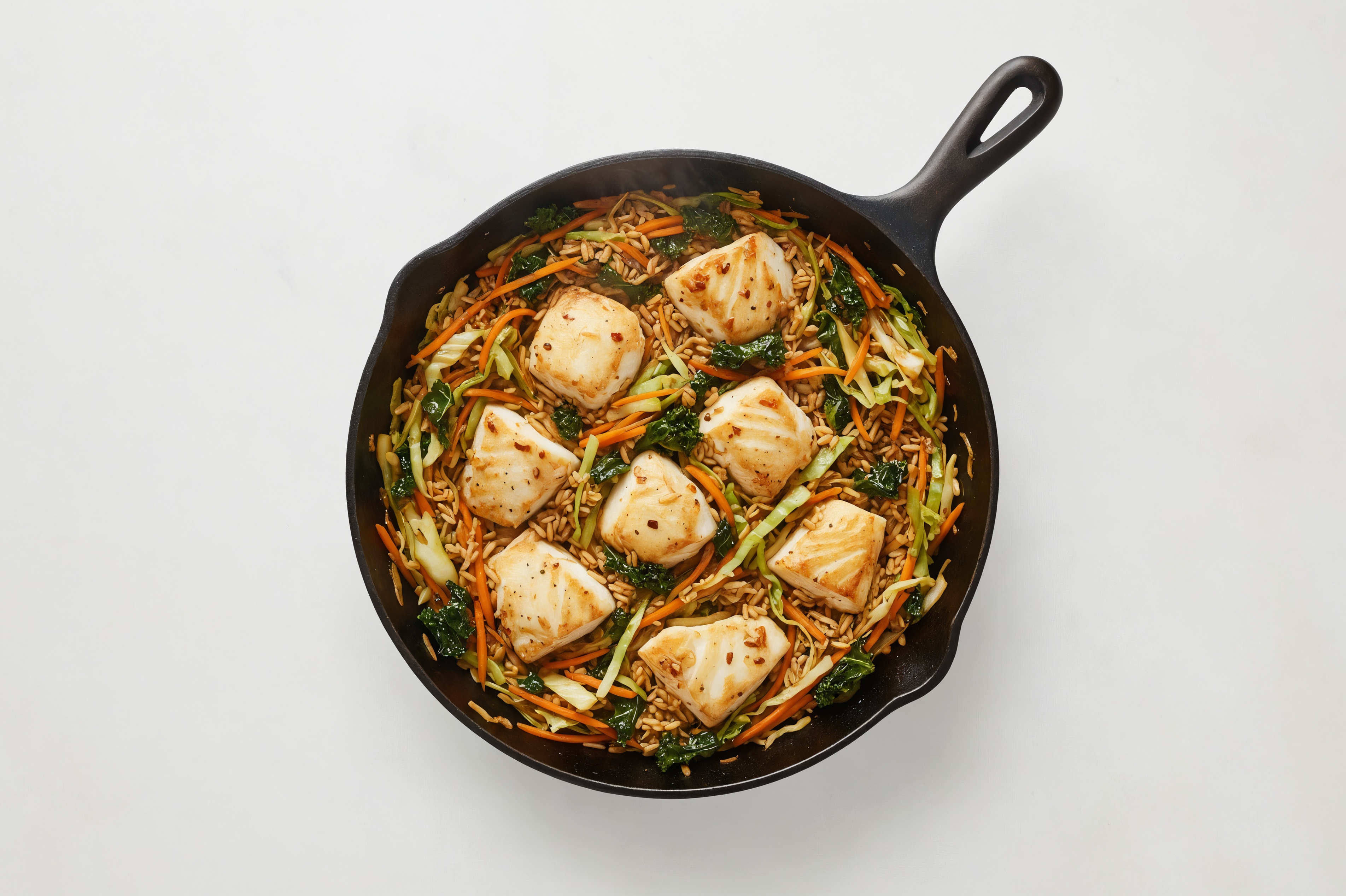 Teriyaki Veggie + Wild Halibut Stir-Fry with Long Grain White Rice