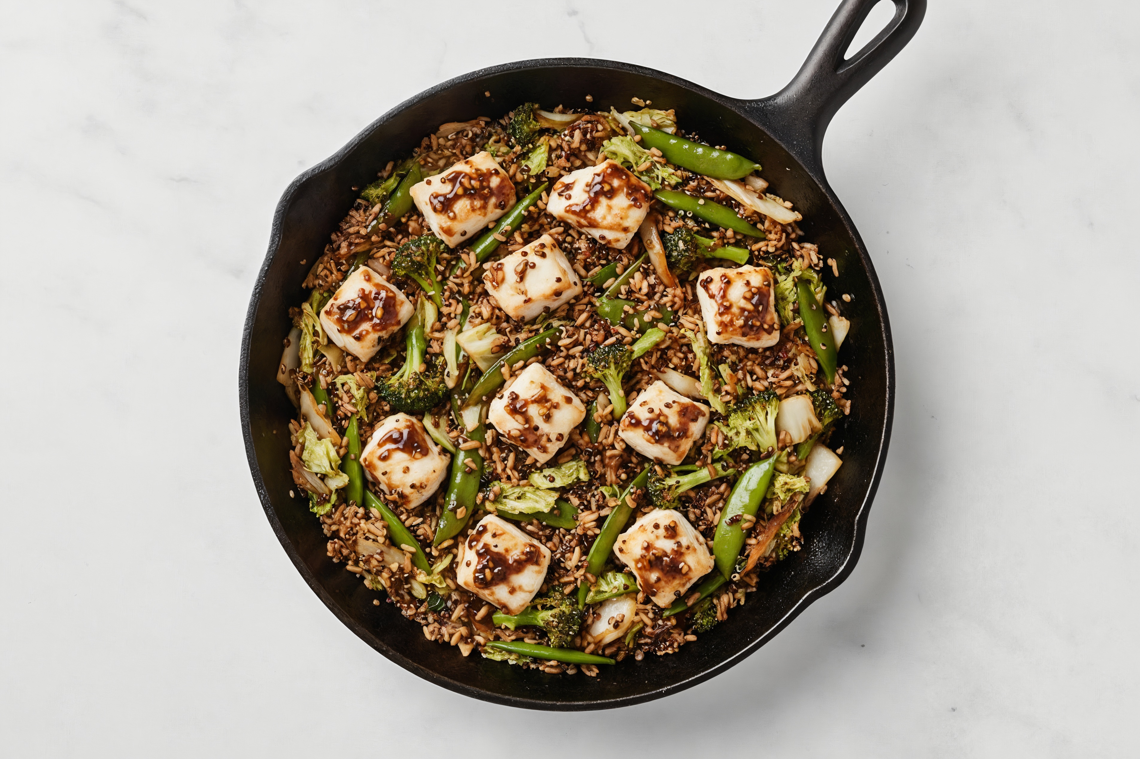 Sweet + Sour Bok Choy + Wild Halibut Stir-Fry with Brown Rice Quinoa Blend
