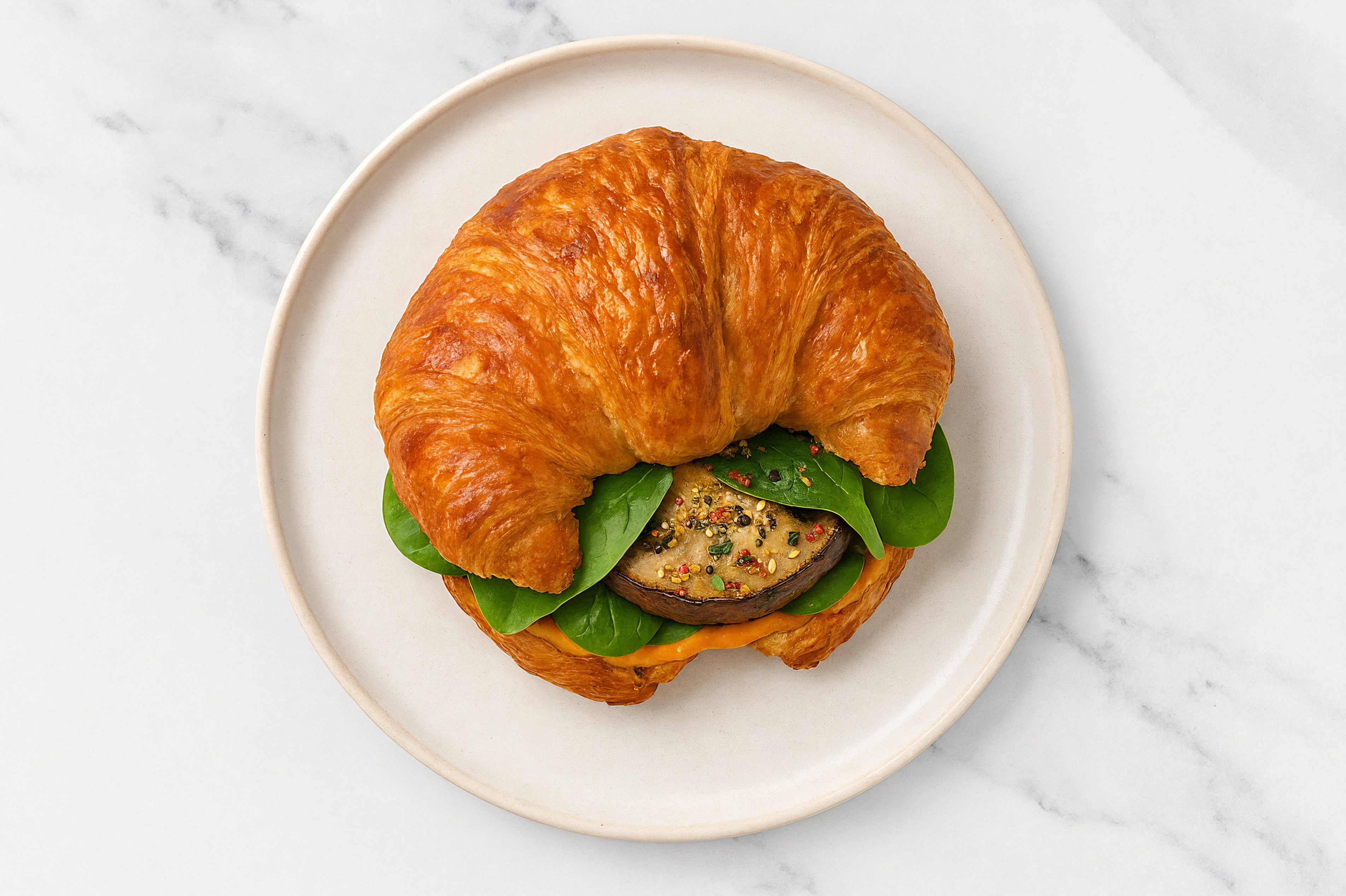 Portabella Mushroom on Croissant with BBQ Sauce + Baby Spinach