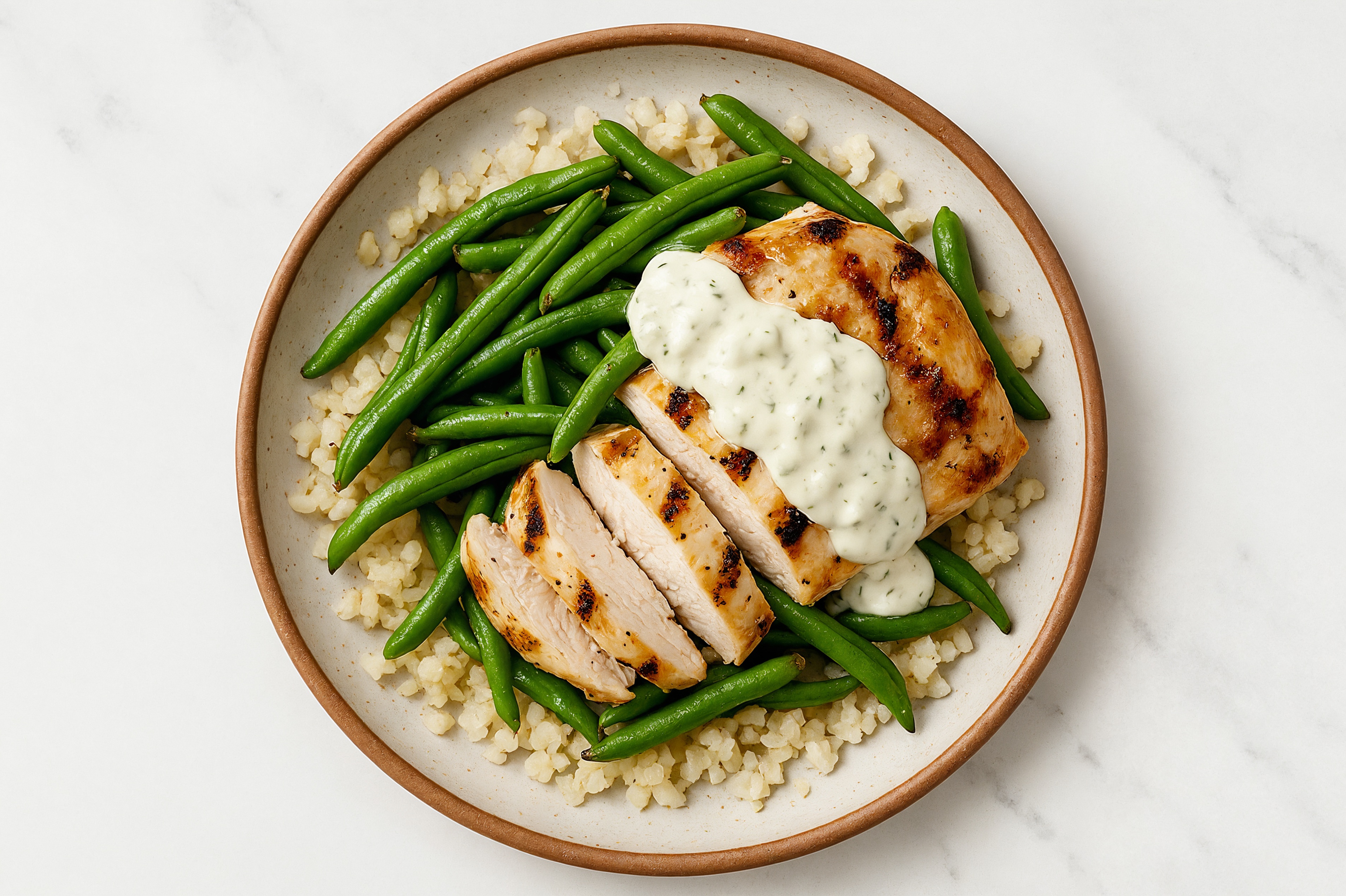 Grilled Chicken Cauliflower Rice Bowl with Tzatziki & Green Beans