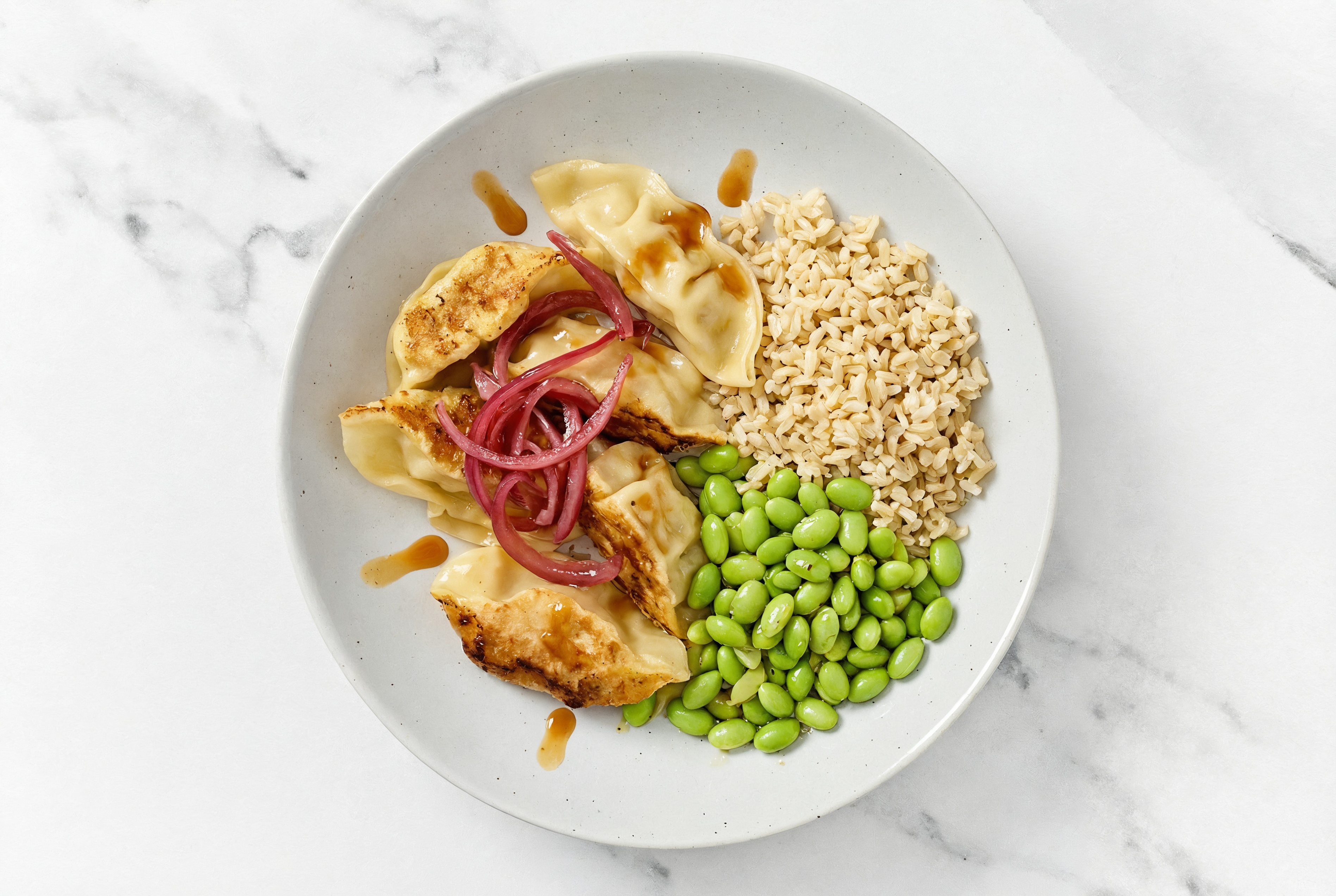 Sesame Chicken Ginger Dumplings Gyoza + Edamame Grain Bowl