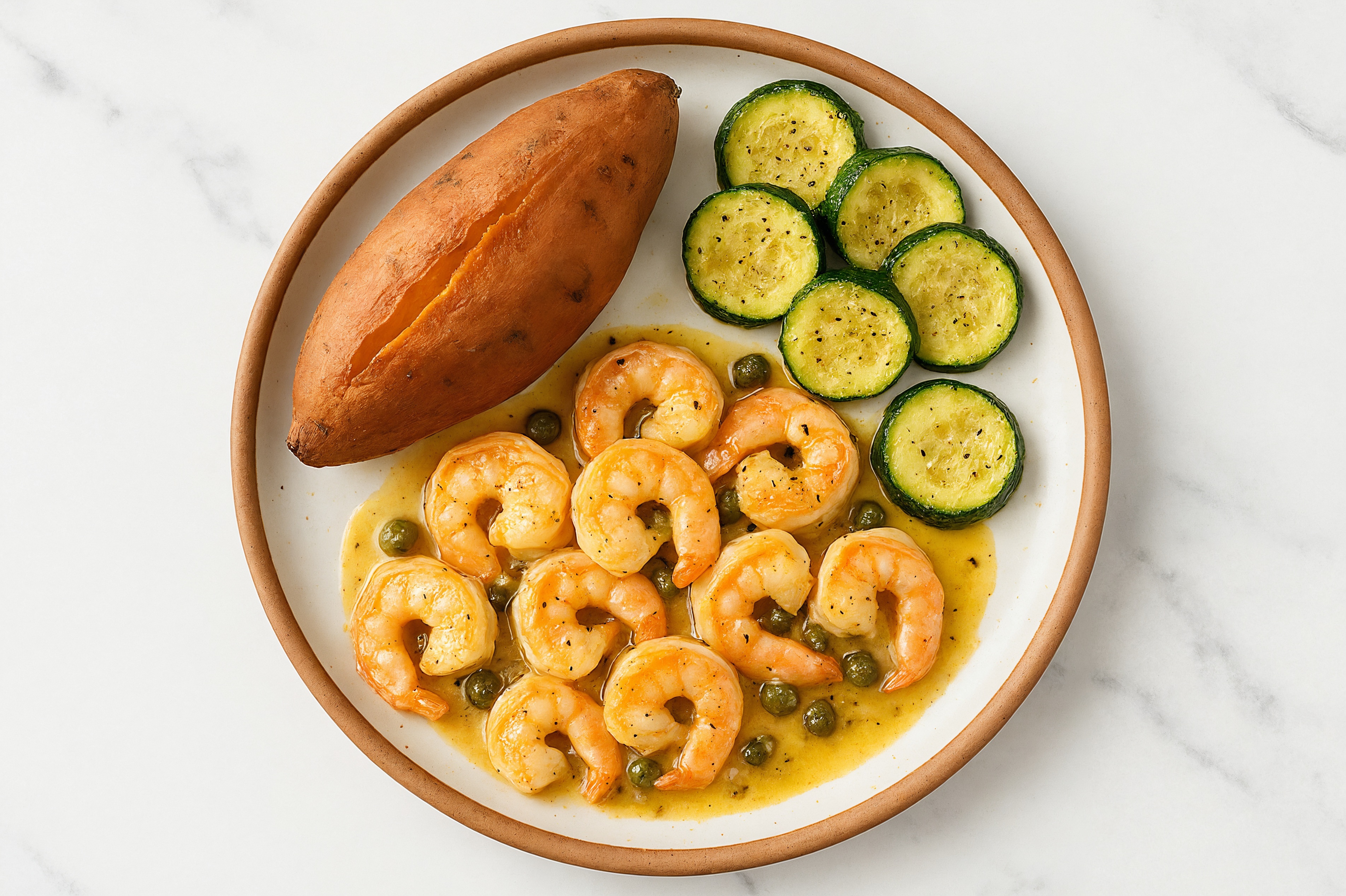 Caper-Slow Churned Lemon & Peppercorn Pasture Butter Shrimp with Sweet Potato & Zucchini