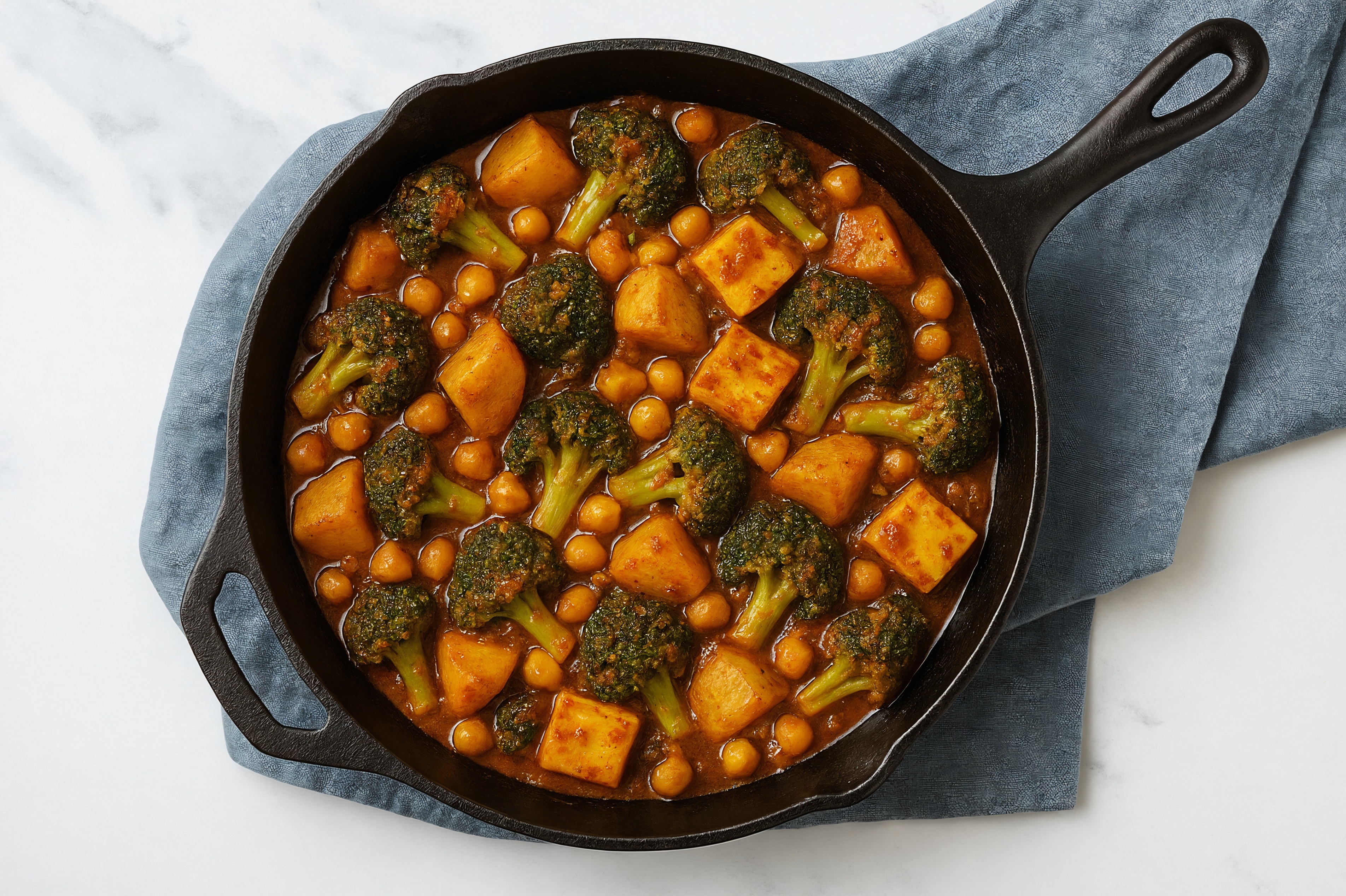 Paneer + Chickpea Vindaloo with Broccoli + Poatoes