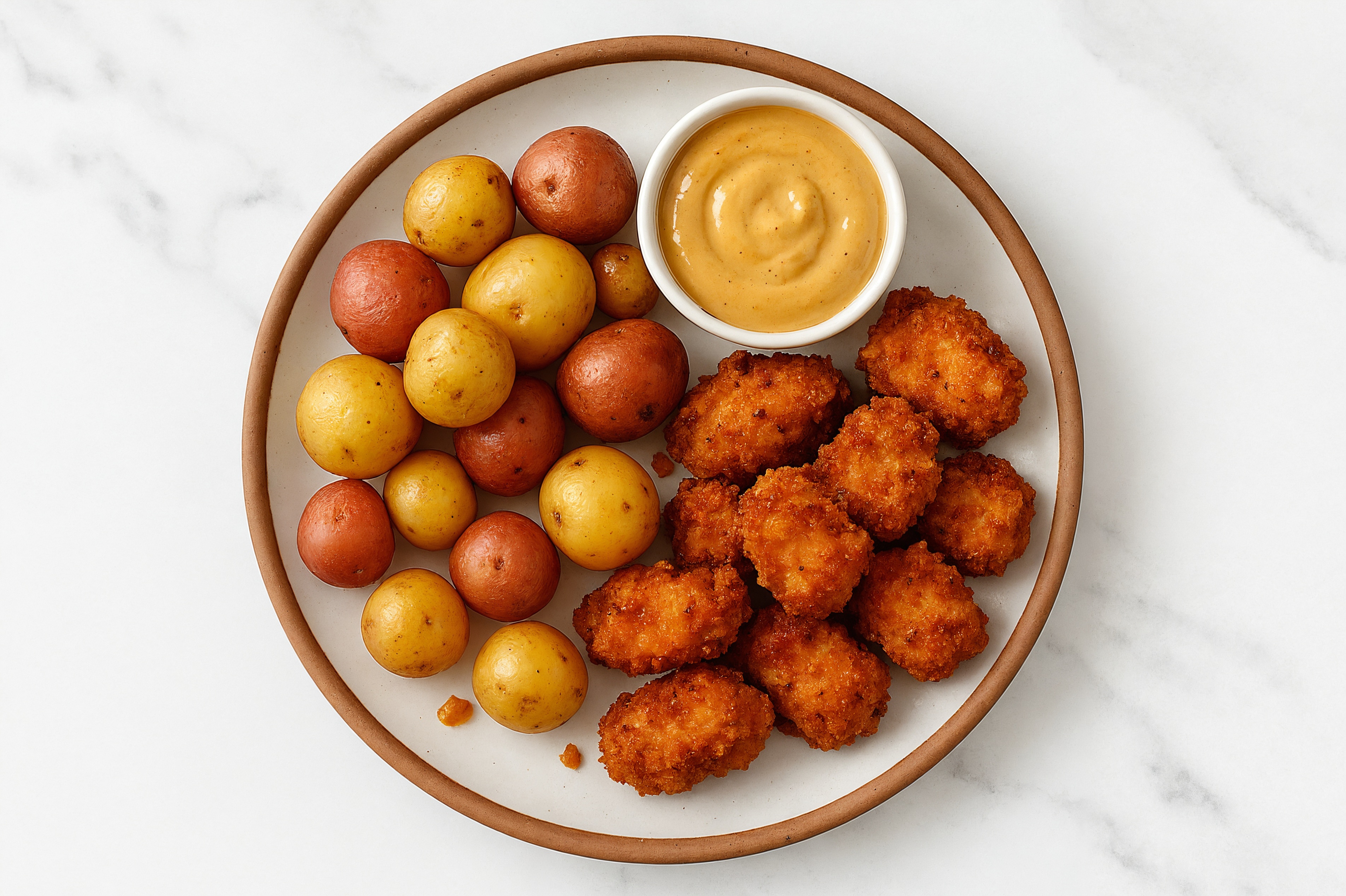 Chicken Nuggets + Creamer Potatoes with Smoky BBQ Garlic Sauce