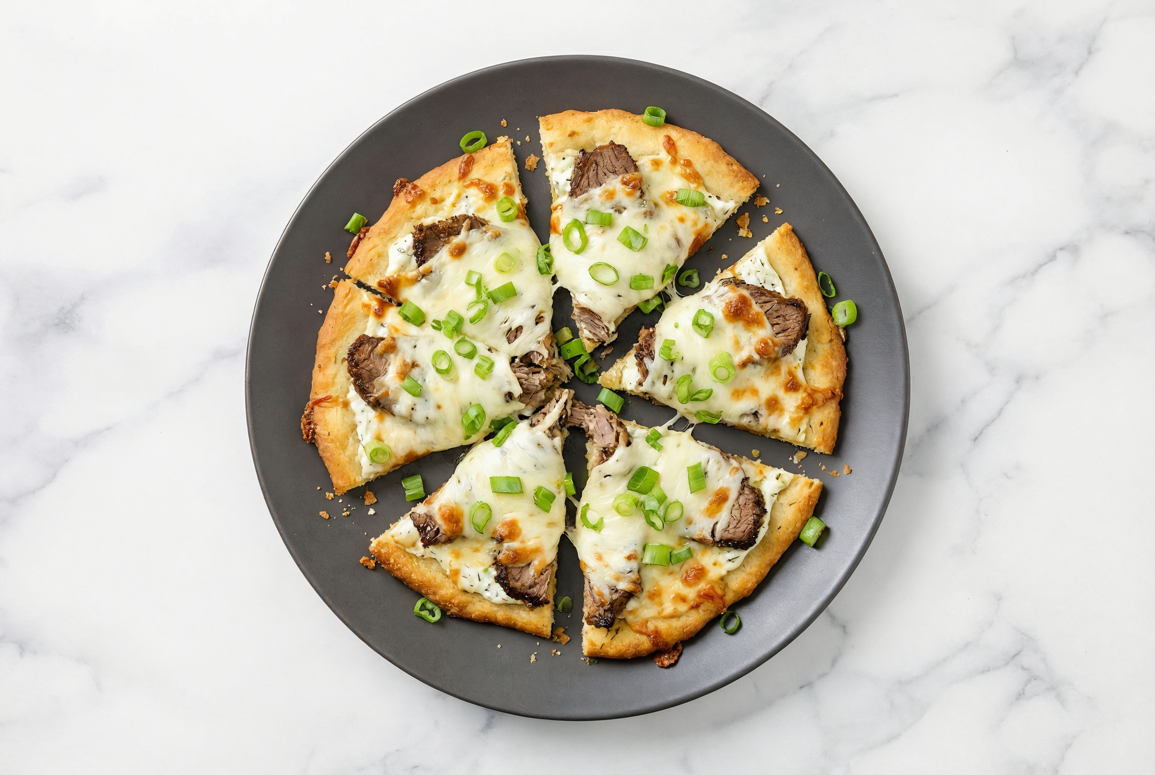 Creamy Feta Short Rib Pizza with Fresh Mozz + Fresh Scallions